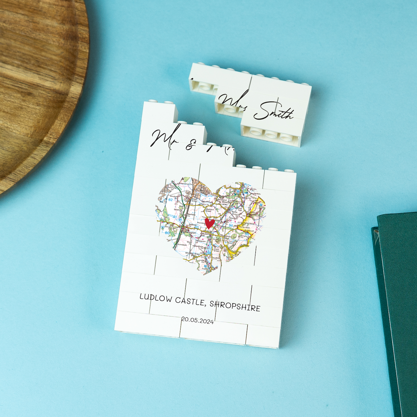 Personalised LEG brick block with a map design on a blue background