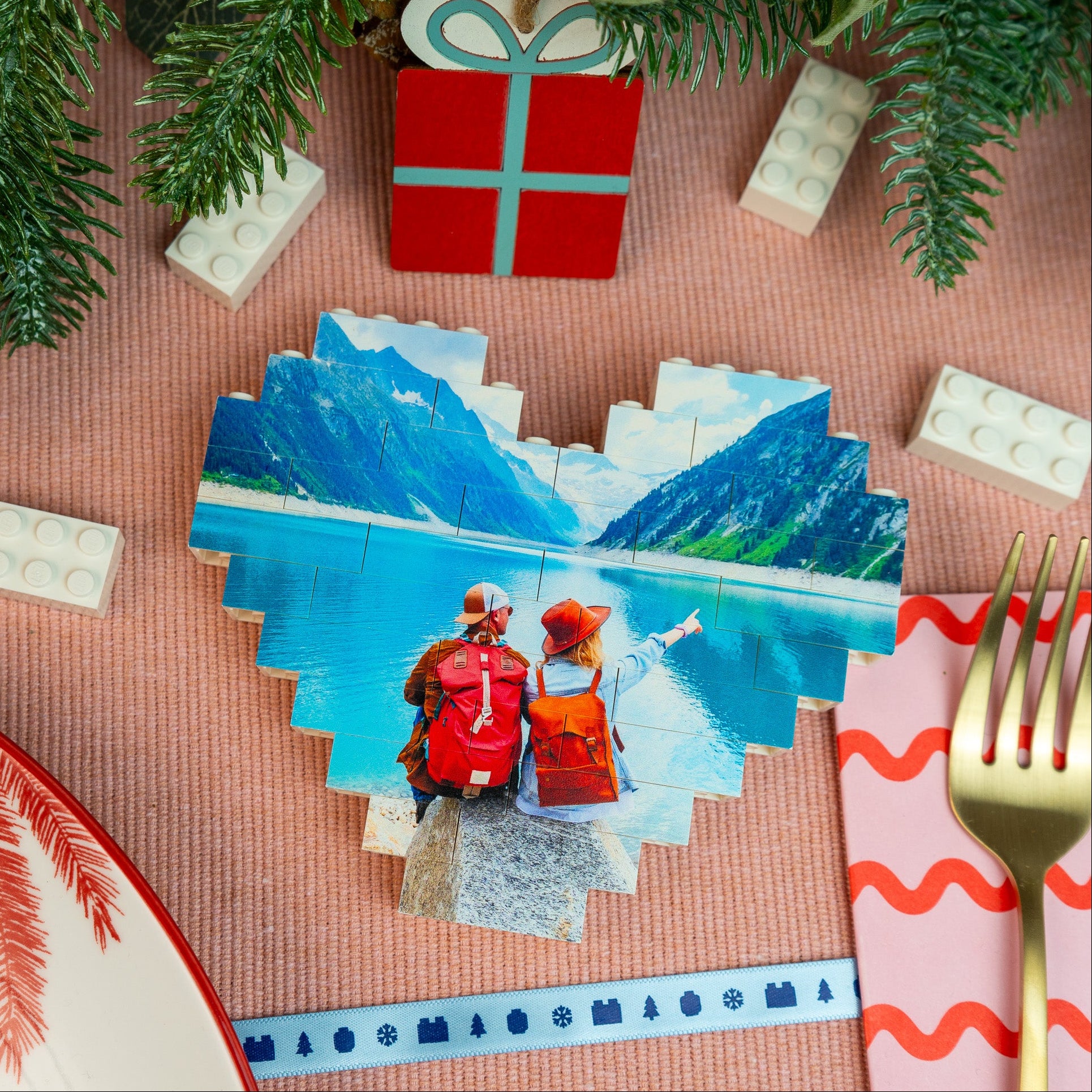 Custom LEGO® brick heart photo block – personalised romantic gift for couples, weddings, or birthdays