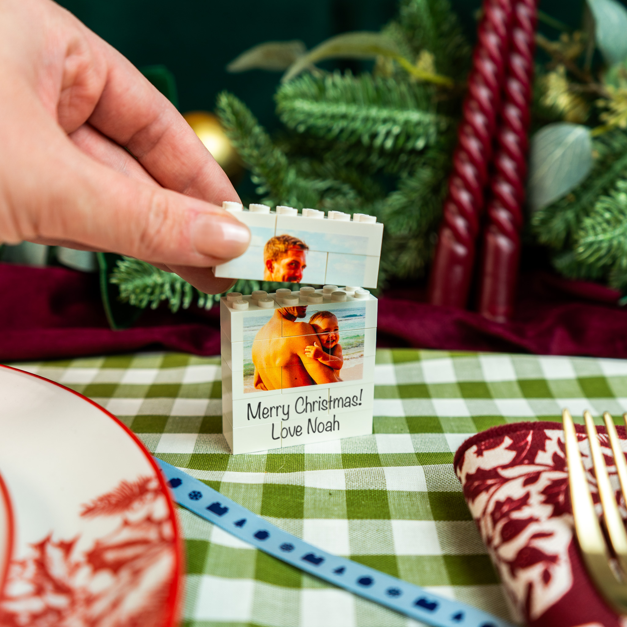Custom LEGO® Brick mini puzzle Christmas photo block – interactive personalised table décor and gift
