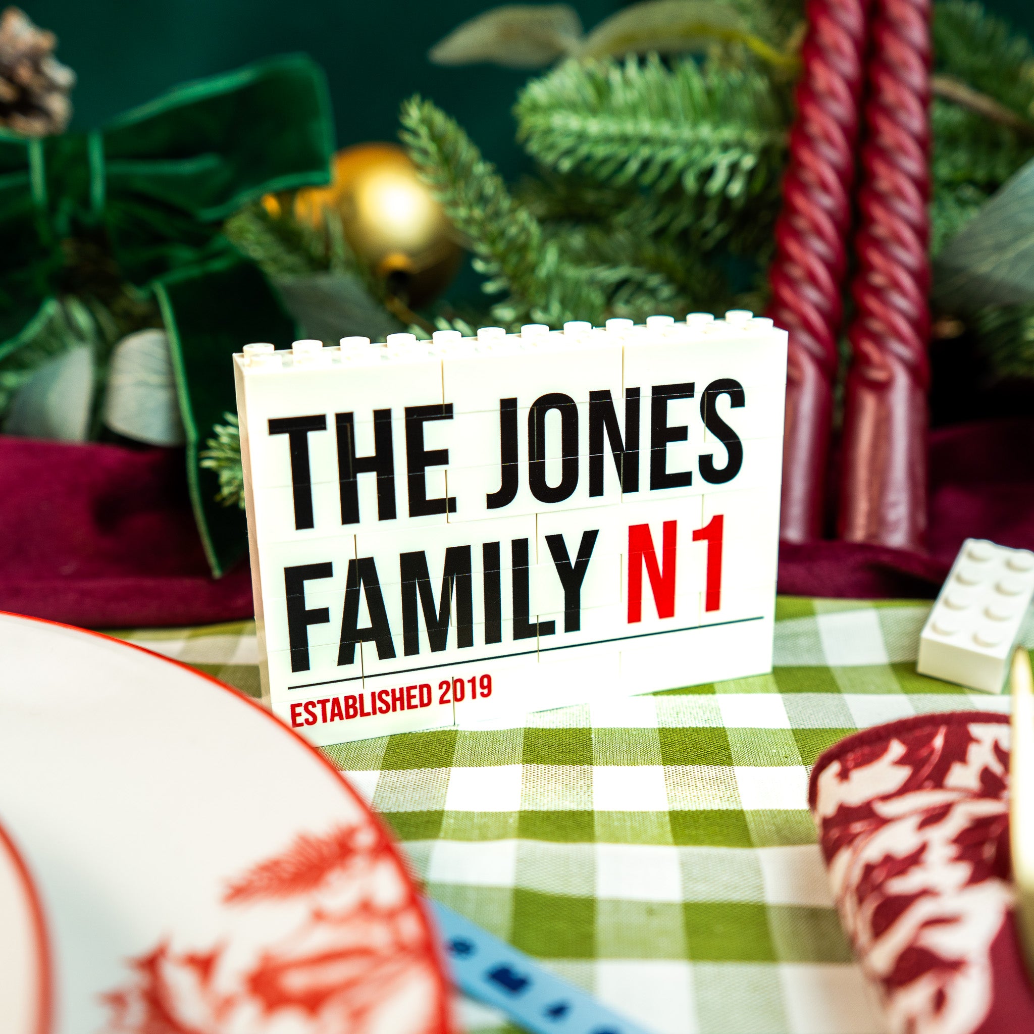 Custom LEGO® Brick street sign puzzle gift – celebrate a special location with family name and area text in vibrant colours