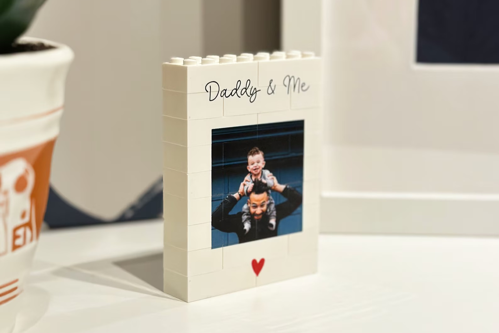 Personalized LEGO brick photo block with 'Daddy & Me' text and a photo of a man and child sitting together with a red heart.