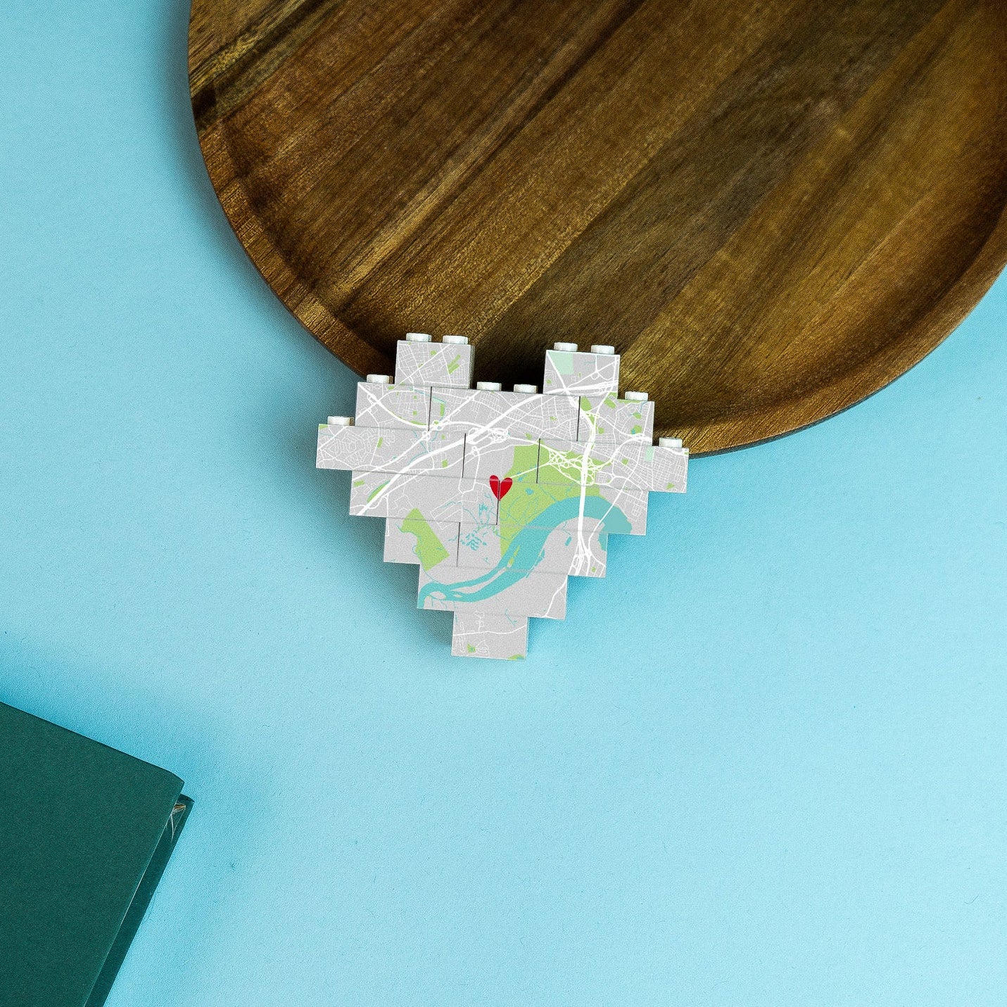 Black and white heart LEGO® Brick map block – stylish custom map display for desk, shelf, or home décor