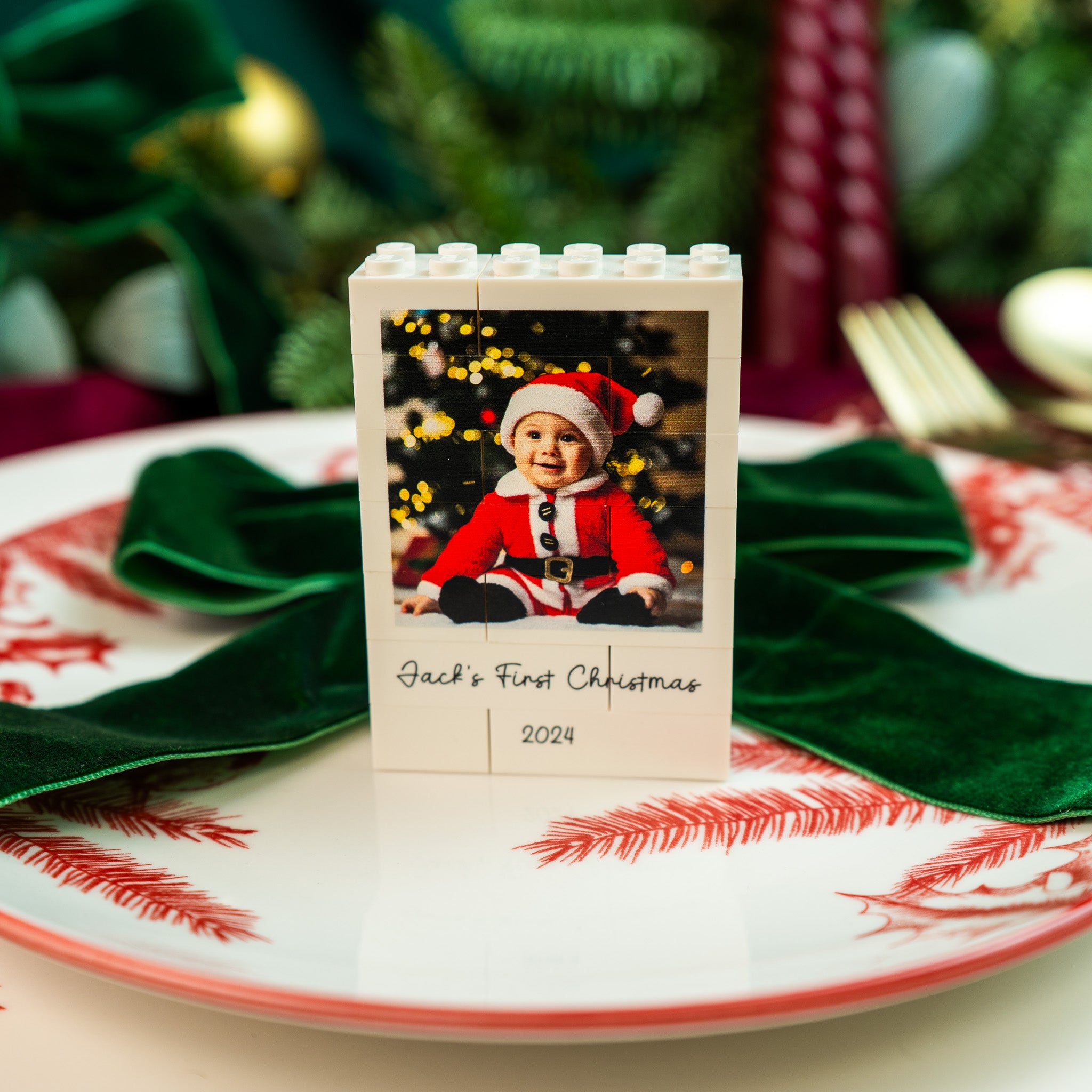 Polaroid-style LEGO® Brick Christmas bauble with optional second photo – playful personalised festive keepsake
