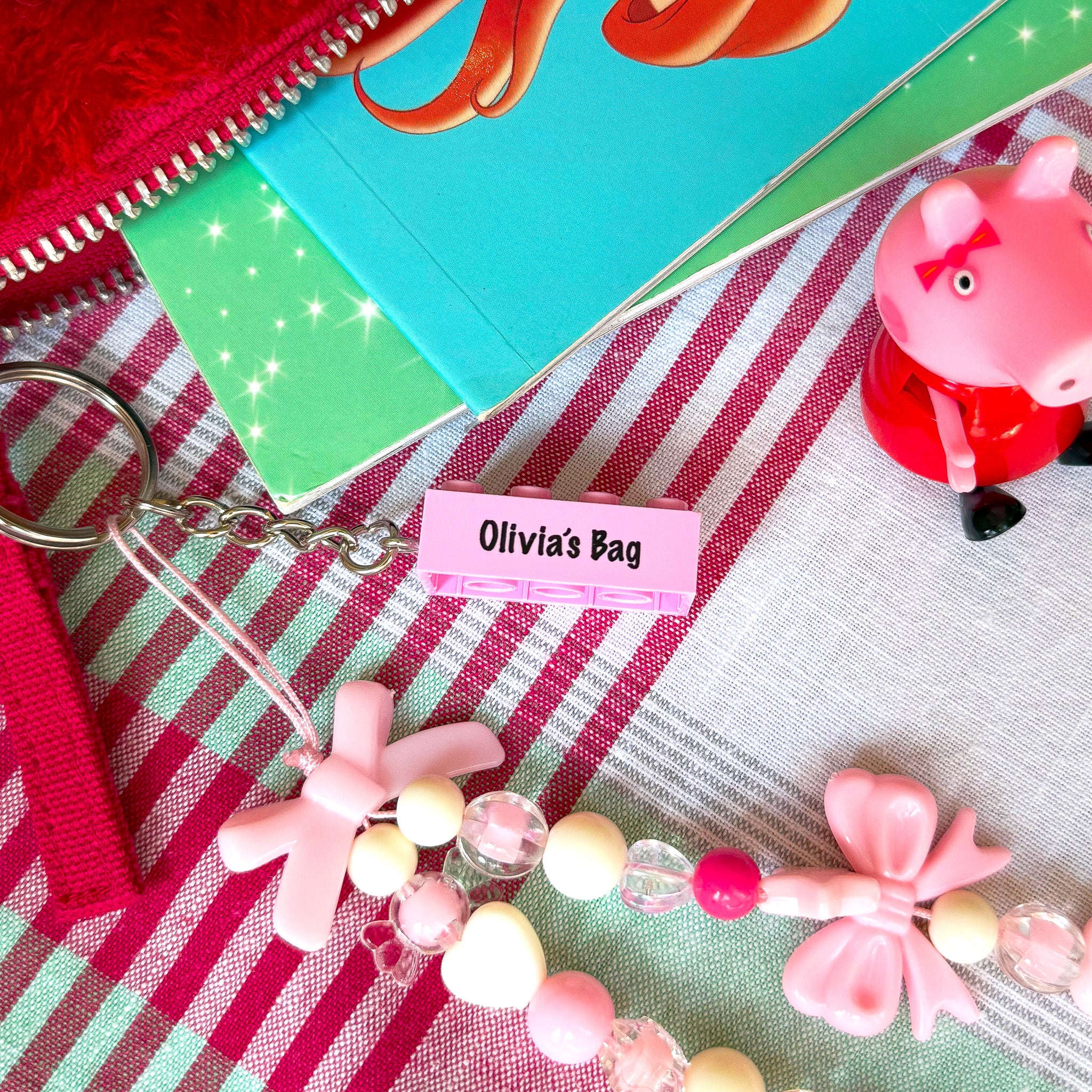 Custom Pink School Bag LEGO® Brick keyring with up to 4 lines of personal text