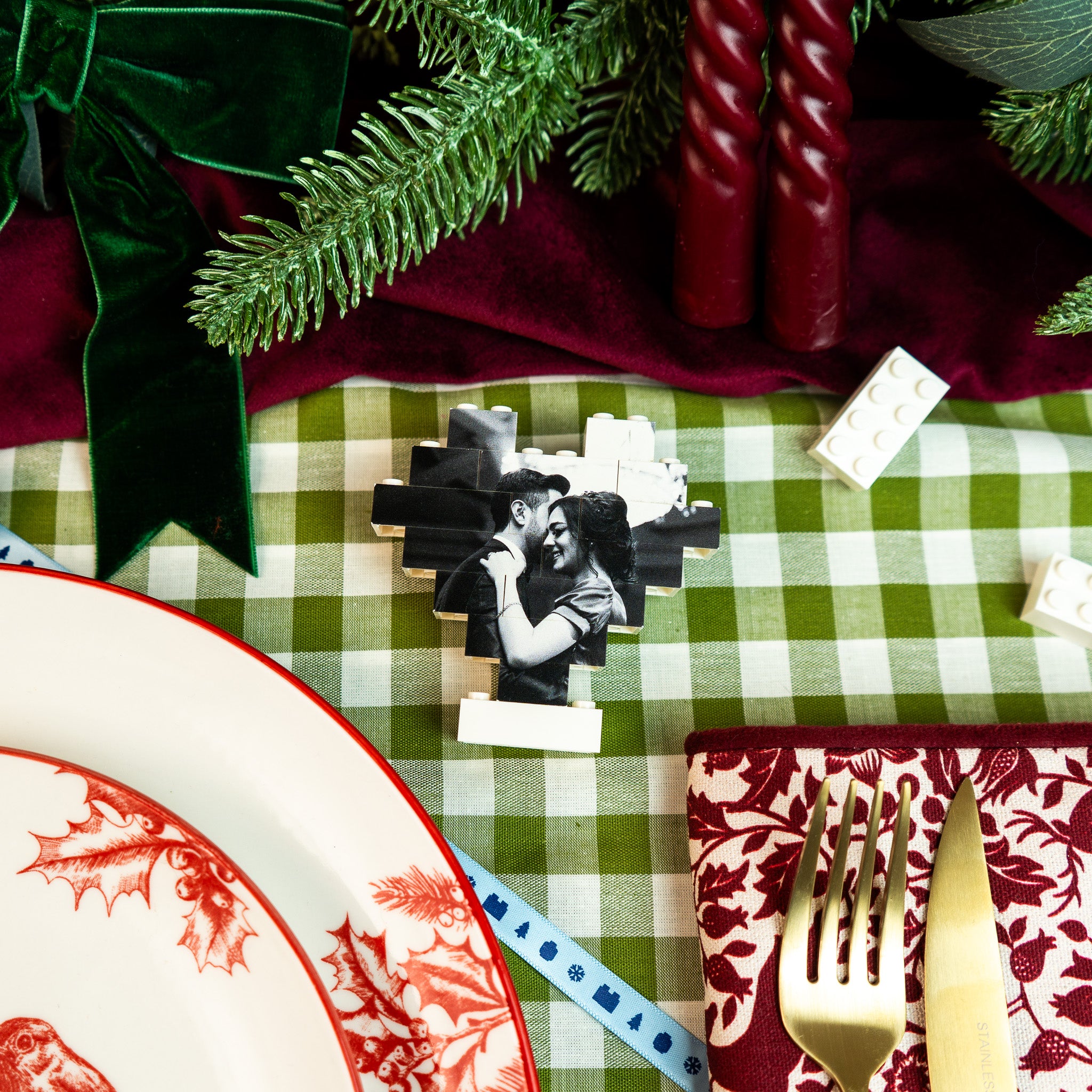 Black and white LEGO® Brick heart-shaped photo bauble – stylish personalised gift for first Christmas together or Secret Santa