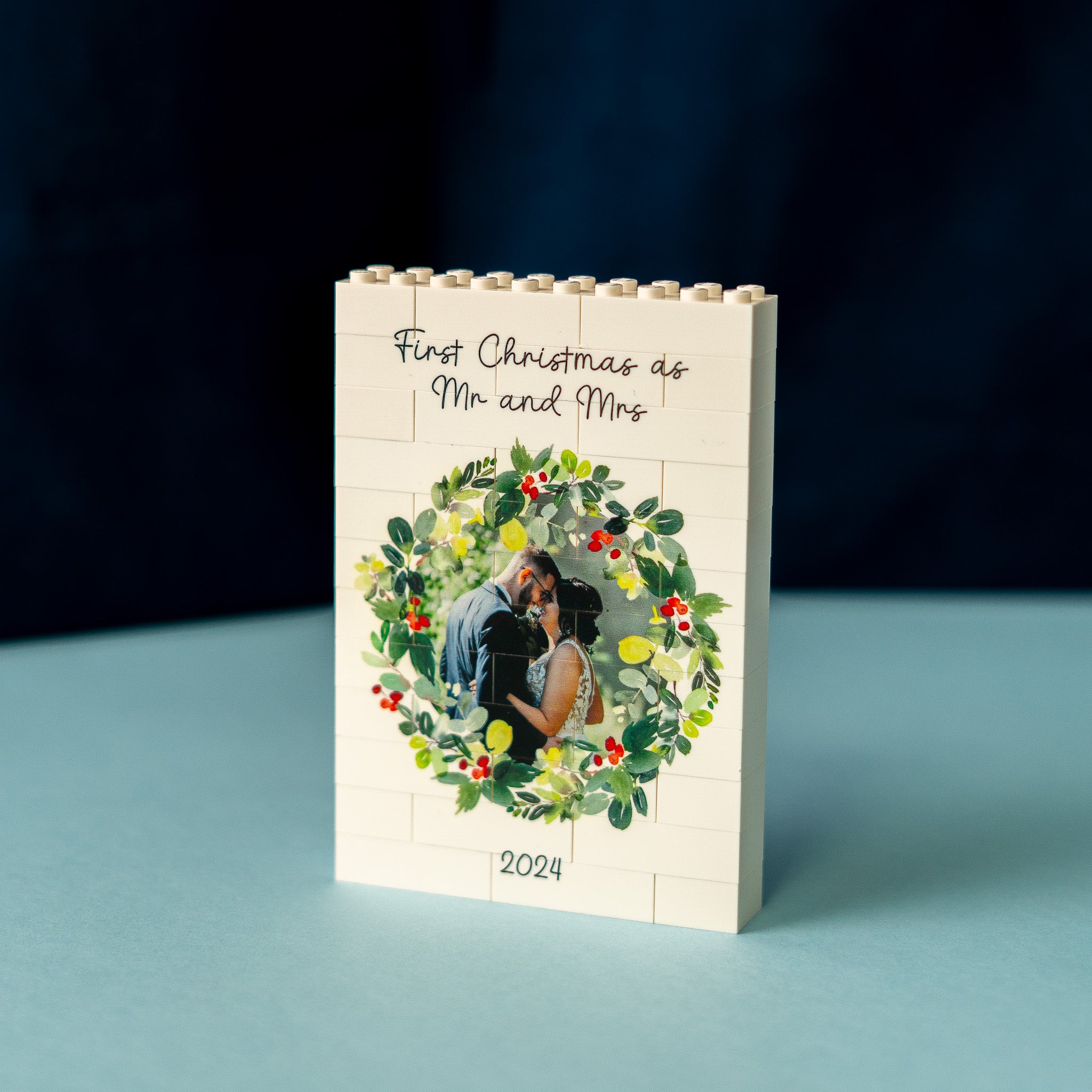 Custom message LEGO® brick photo block for couples holiday gift