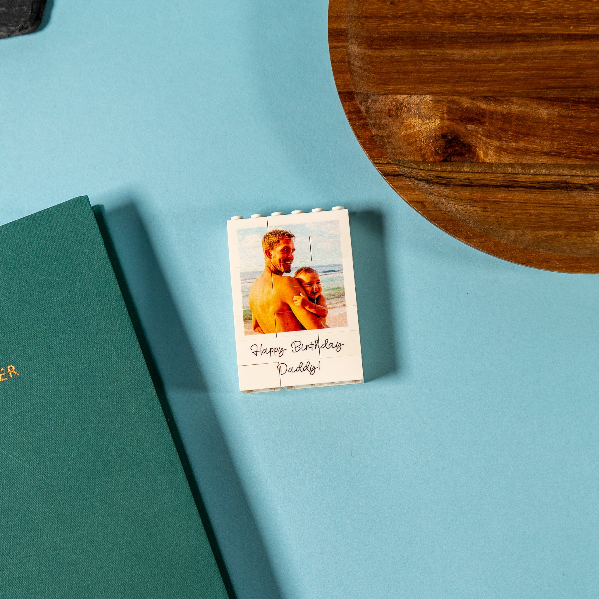 Black and white LEGO® Brick mini portrait photo block of daddy and baby – stylish compact personalised gift for family, friends, or partners