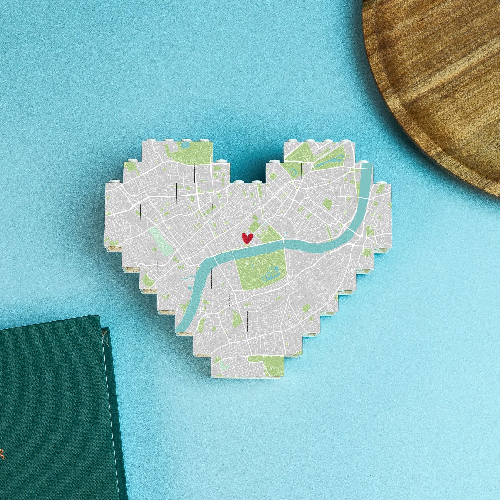 Personalised heart-shaped LEGO® Brick map block with custom location and message – unique keepsake gift for anniversaries or housewarmings