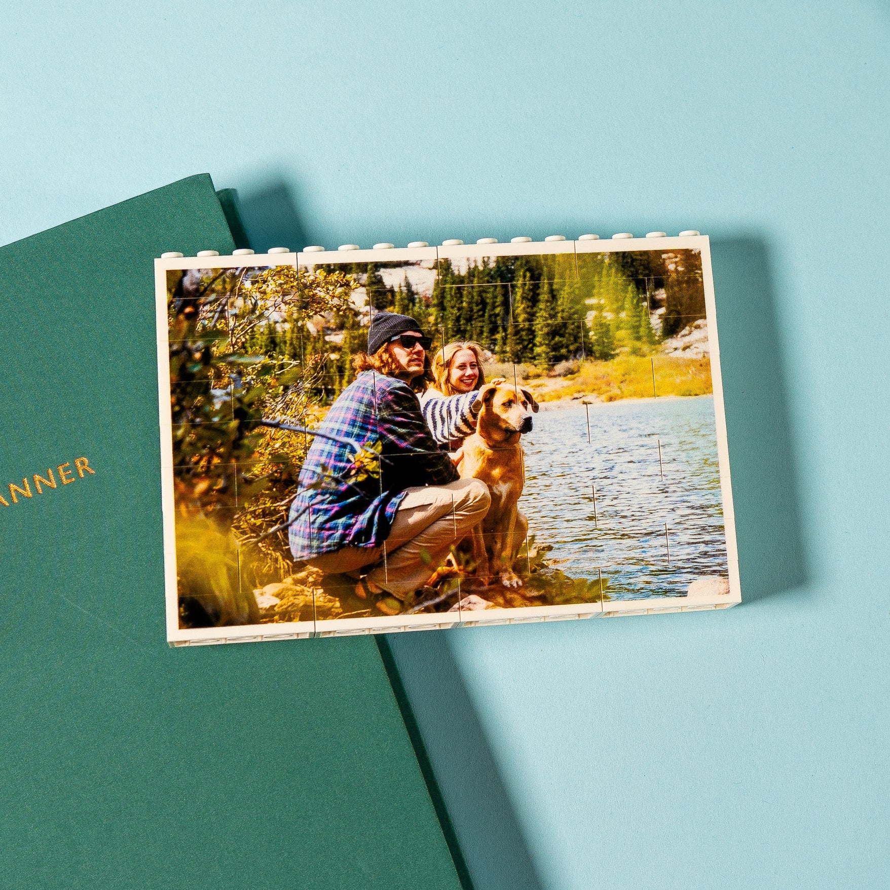 Personalised landscape LEGO® brick photo block with custom photo and message – unique keepsake gift for birthdays or weddings