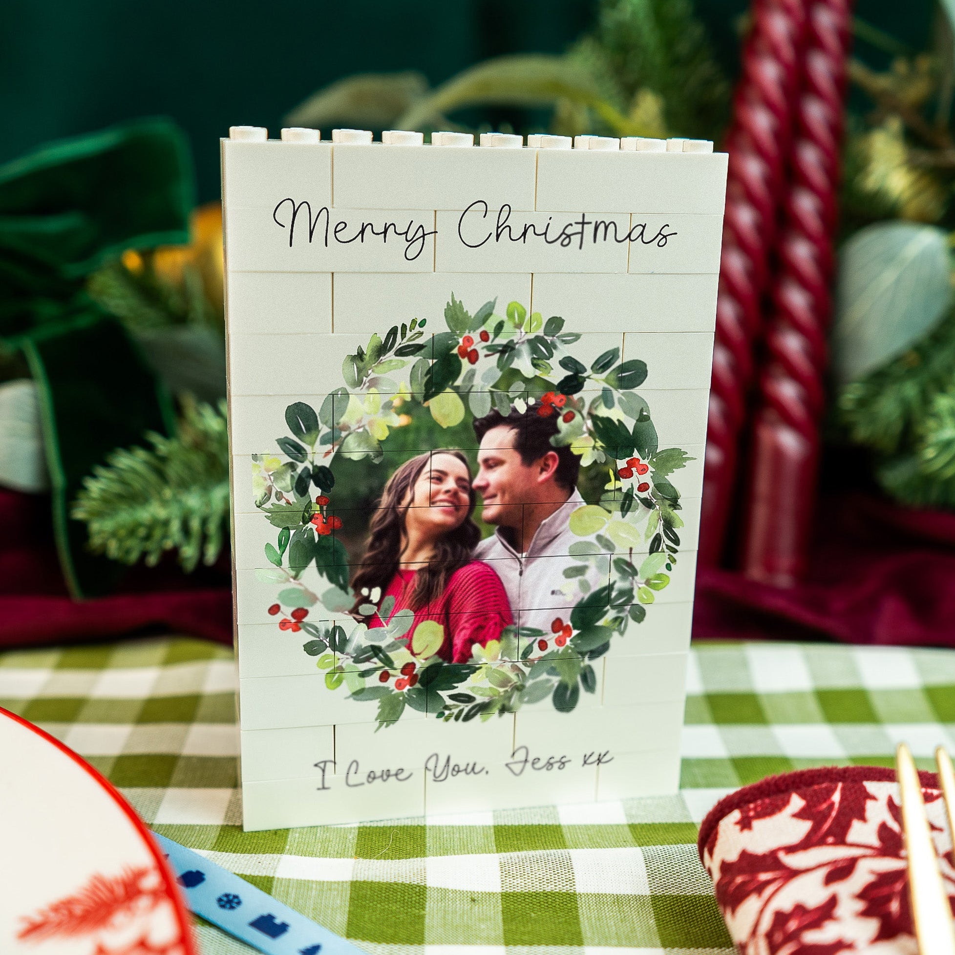 Medium LEGO® Brick Photo Block with romantic couple Christmas photo