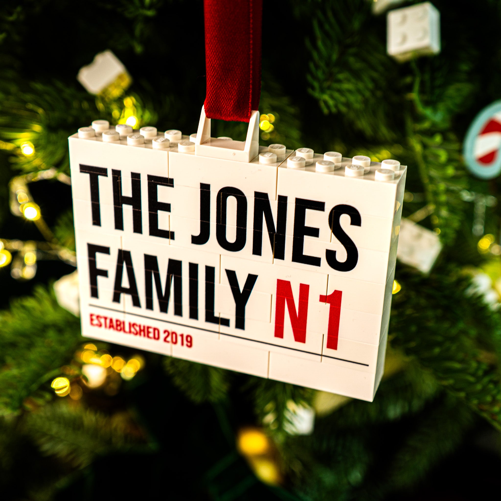 Personalised LEGO® Brick street sign Christmas bauble with family name, address, postcode, and area – unique festive keepsake for home or gifts