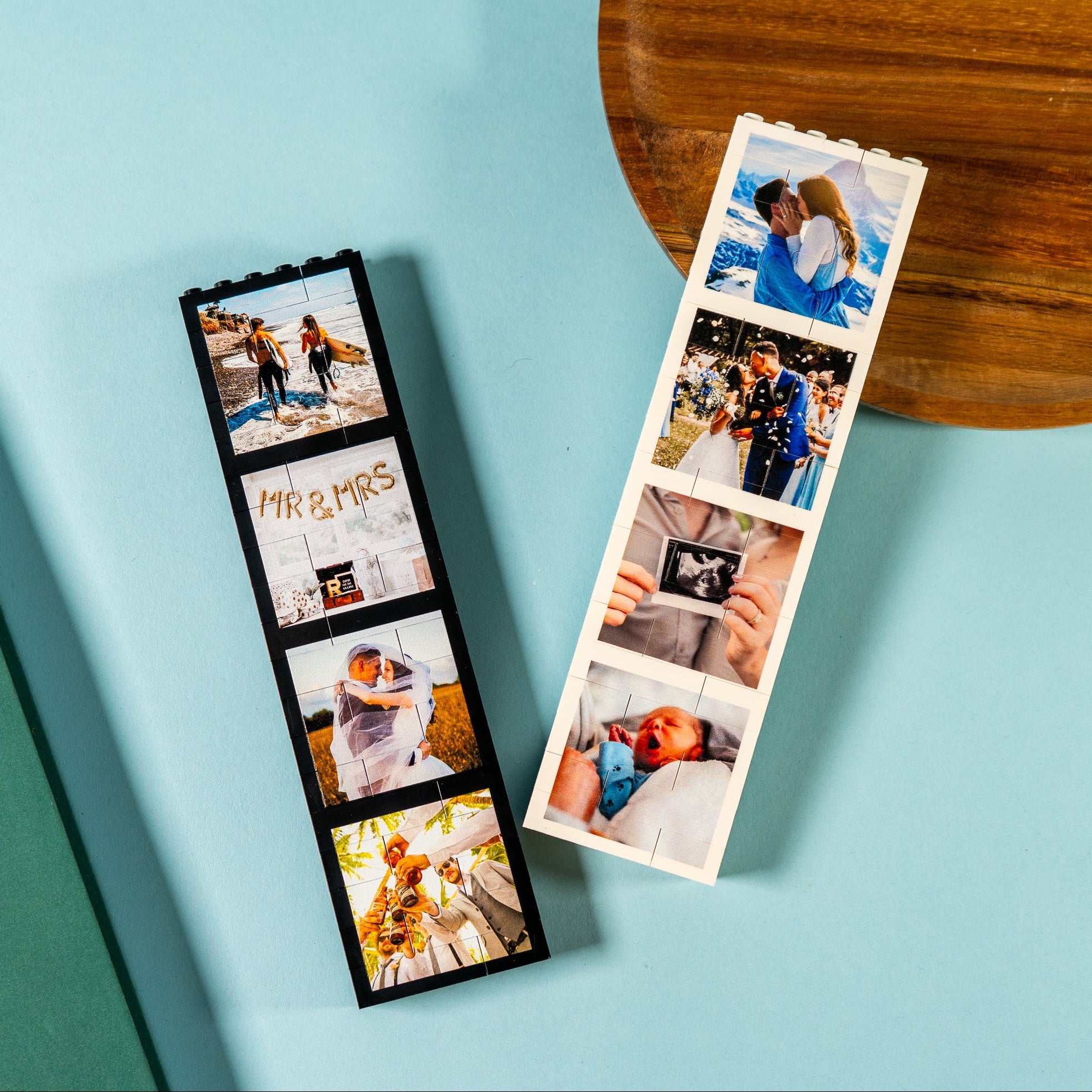 Personalised photobooth-style LEGO® Brick photo block with up to 8 photos – unique keepsake gift for birthdays, anniversaries, or holidays