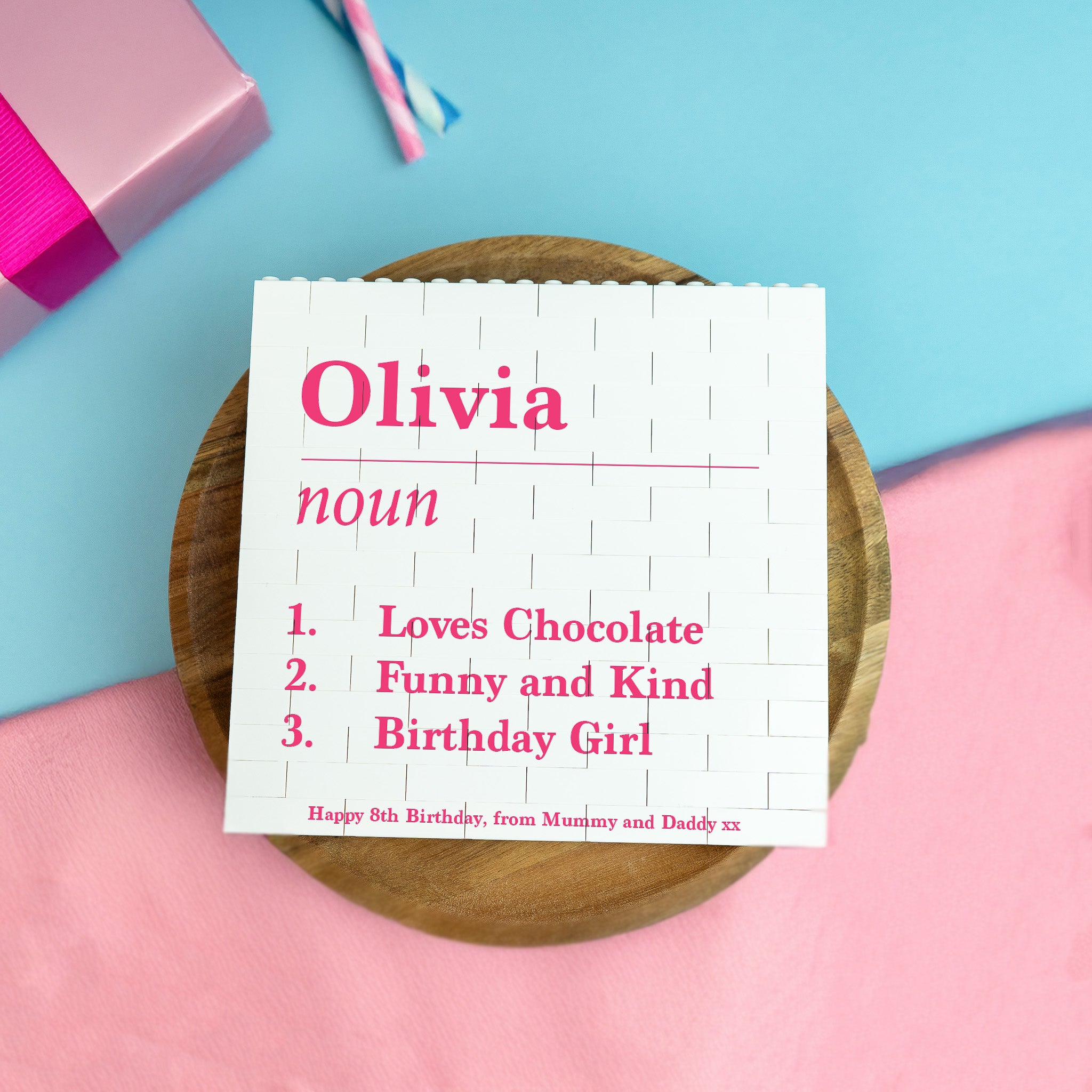 Square LEGO® Brick gift block with pink design – display-worthy keepsake for birthdays, anniversaries, or Father’s Day