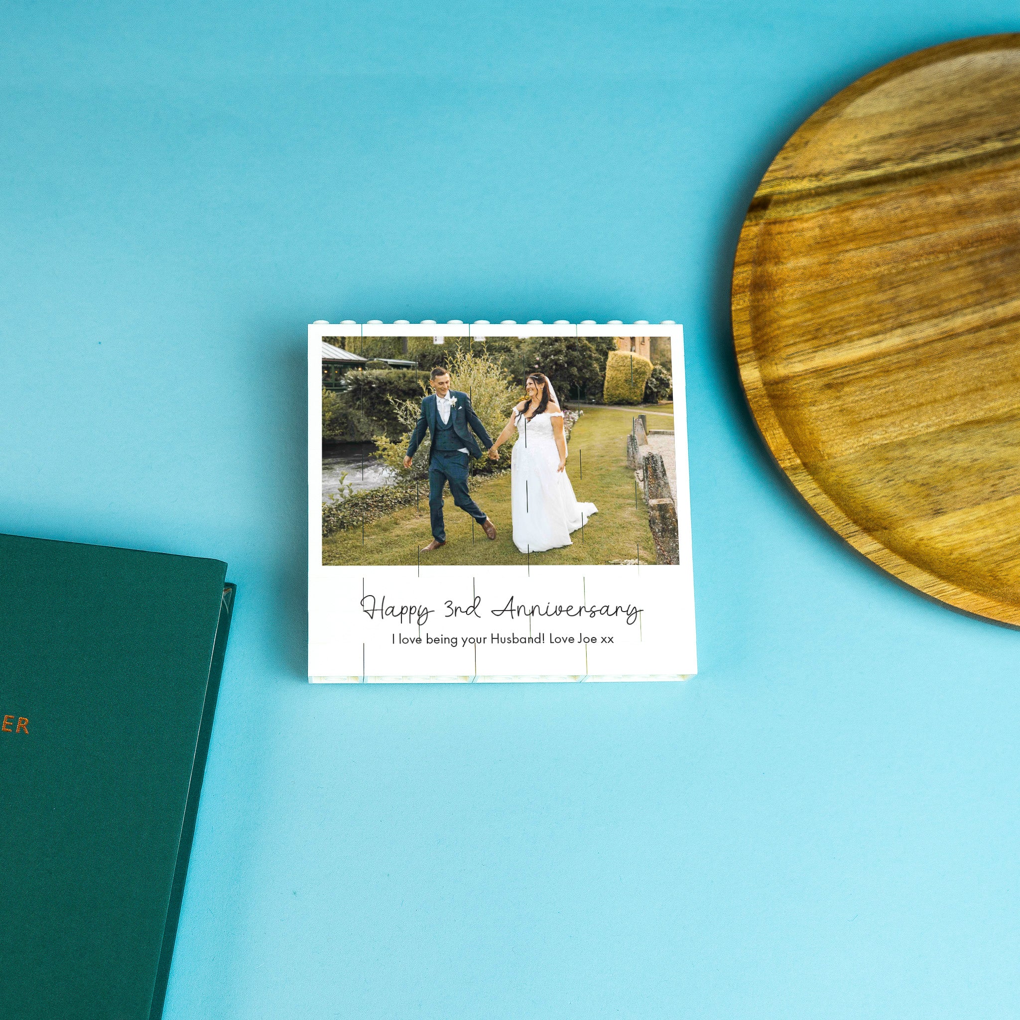 Black and white LEGO® Brick Polaroid photo block – stylish personalised gift for desks, shelves, or bedside tables