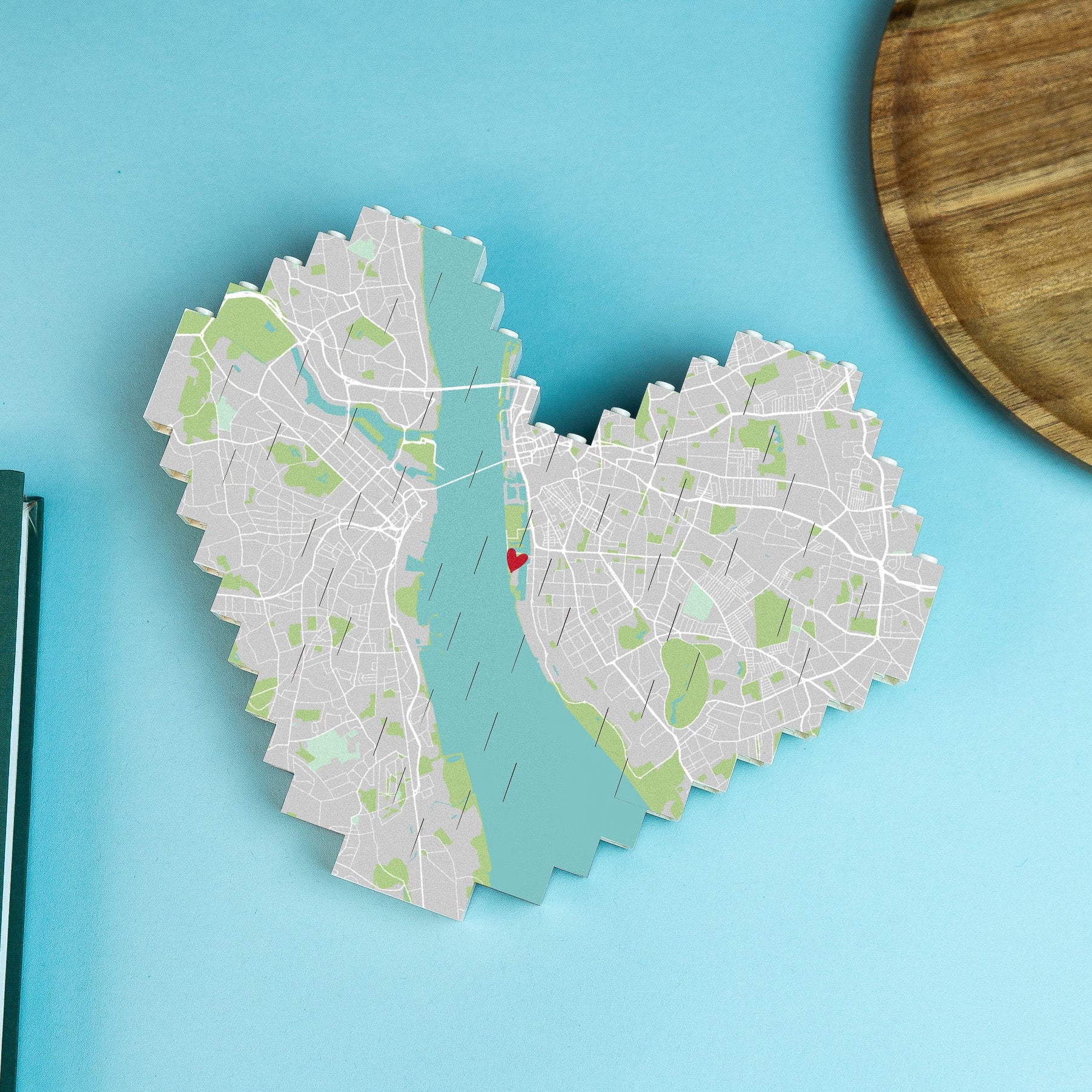 Heart LEGO® Brick map block with optional reverse photo or message – creative personalised keepsake for couples or loved ones