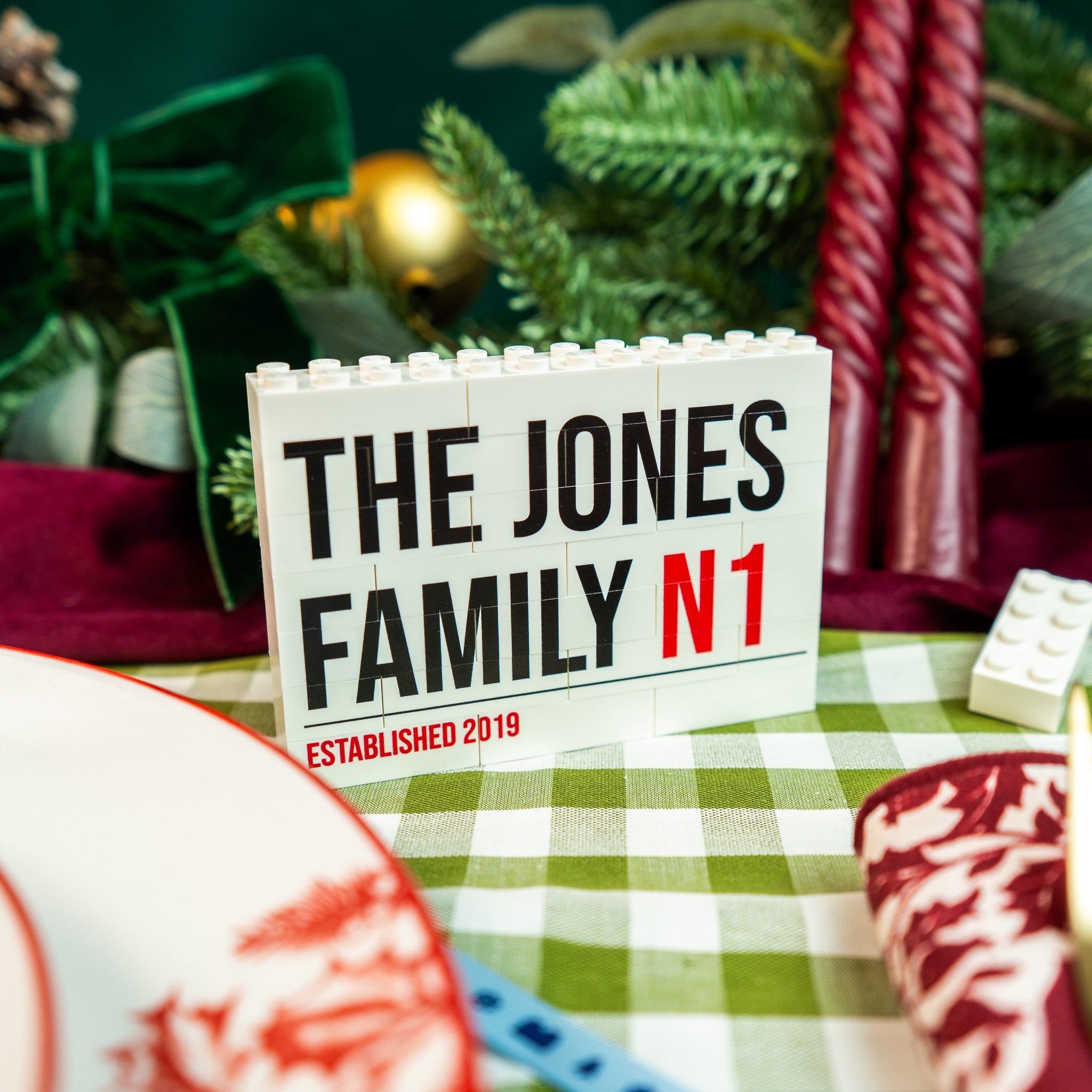 LEGO® Brick street sign bauble with optional festive colours – stylish personalised Christmas gift for families or couples