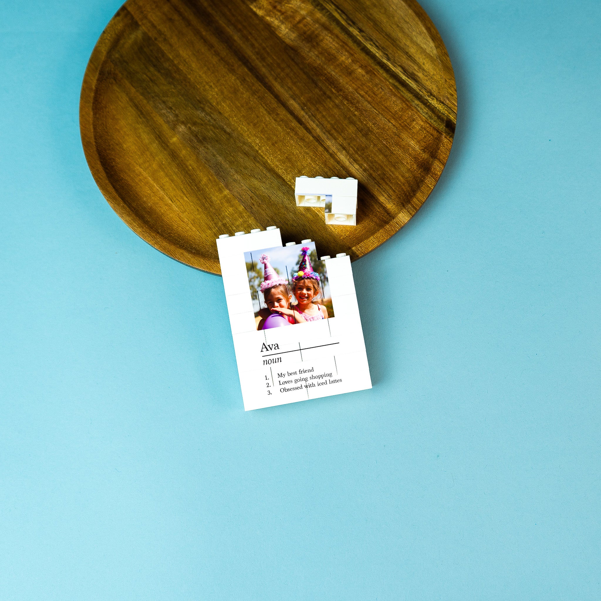 Close-up of custom LEGO® brick photo block with square photo and engraved message – meaningful keepsake gift