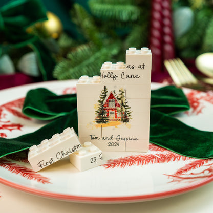 New home LEGO® brick bauble with festive ribbon hanging