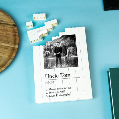 Personalised black and white LEGO® brick photo block with custom definition text – unique photo gift for loved ones