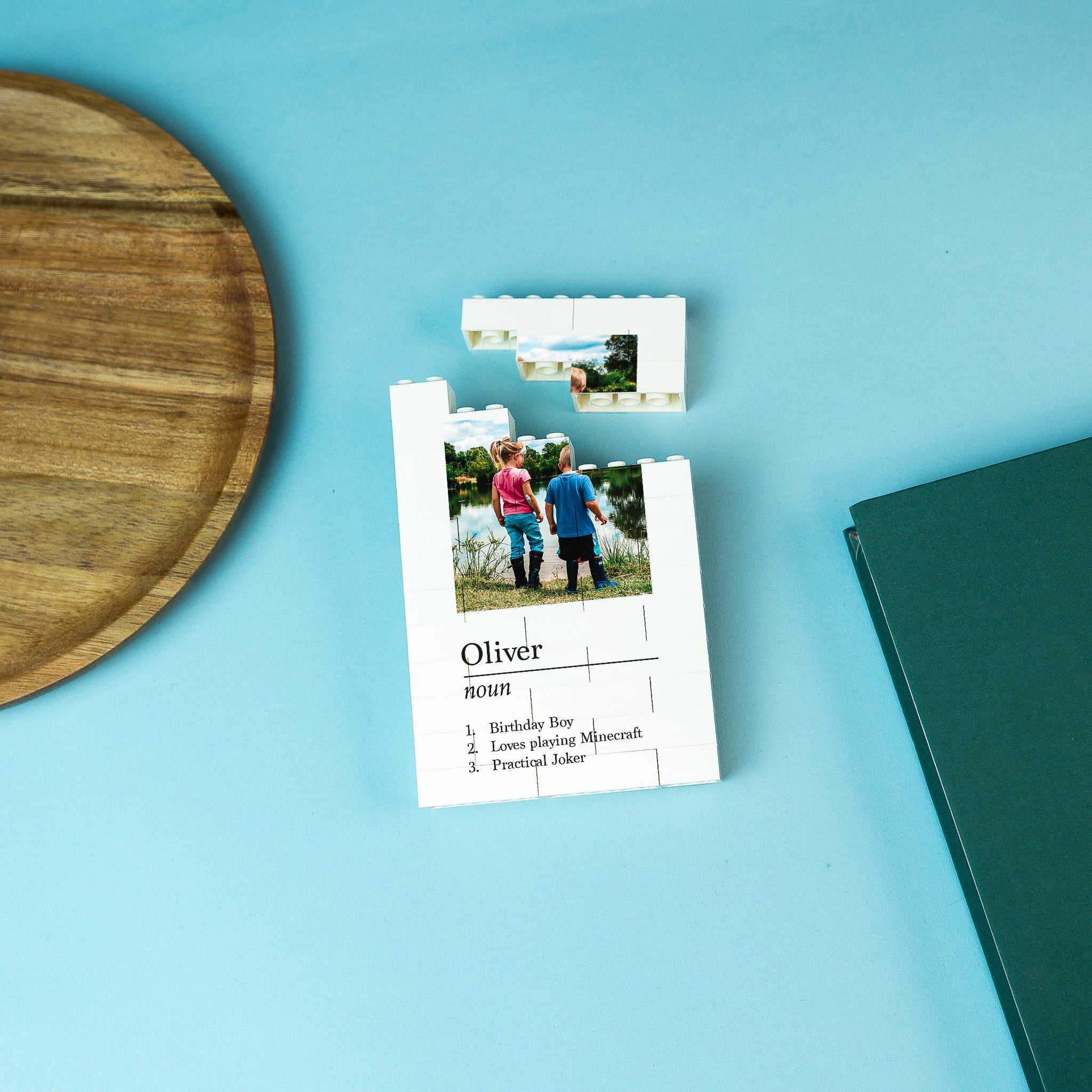 Personalised LEGO® brick photo block gift with custom text and photo – unique birthday present for friends and siblings