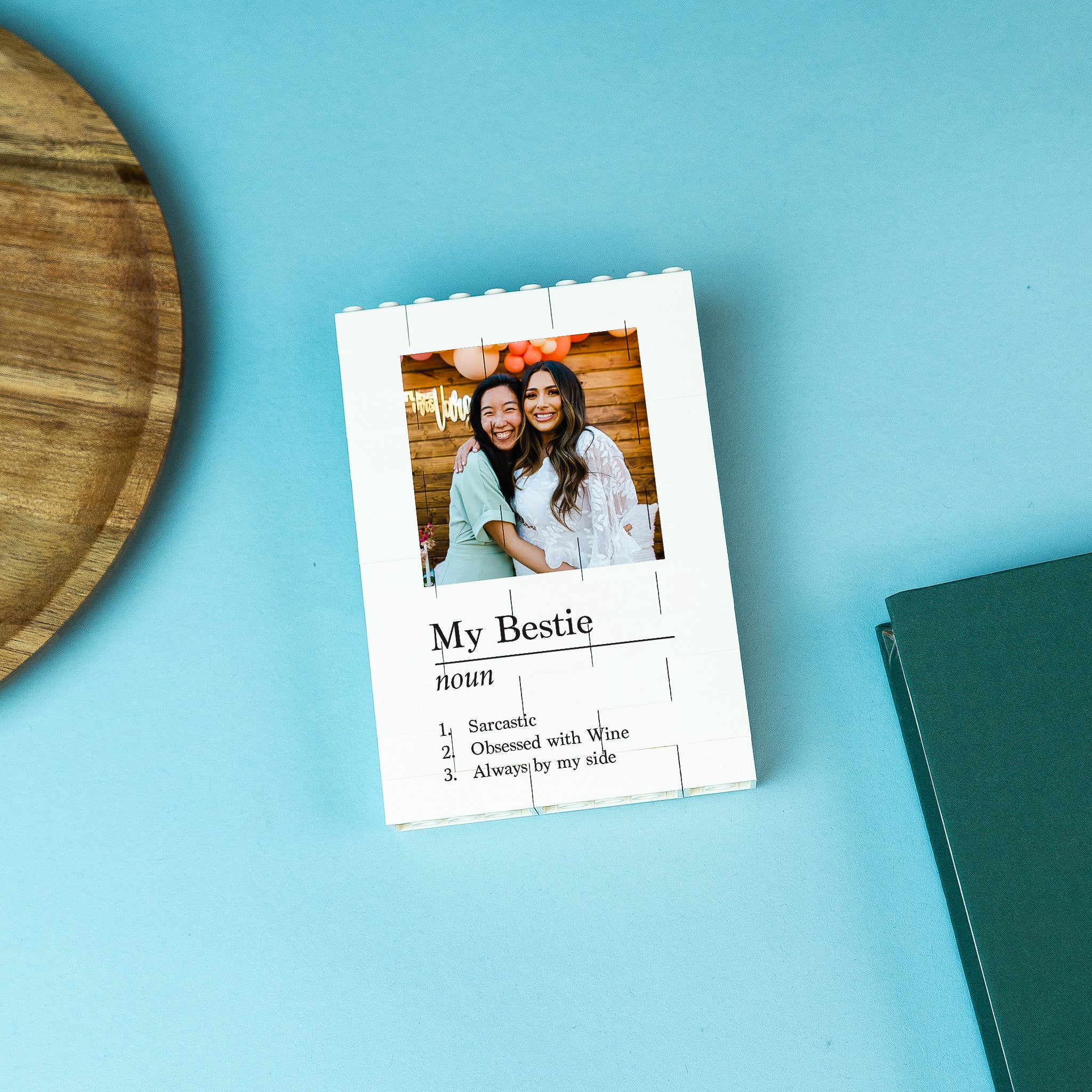 Custom photo LEGO® brick keepsake displayed on desk – thoughtful personalised birthday gift idea