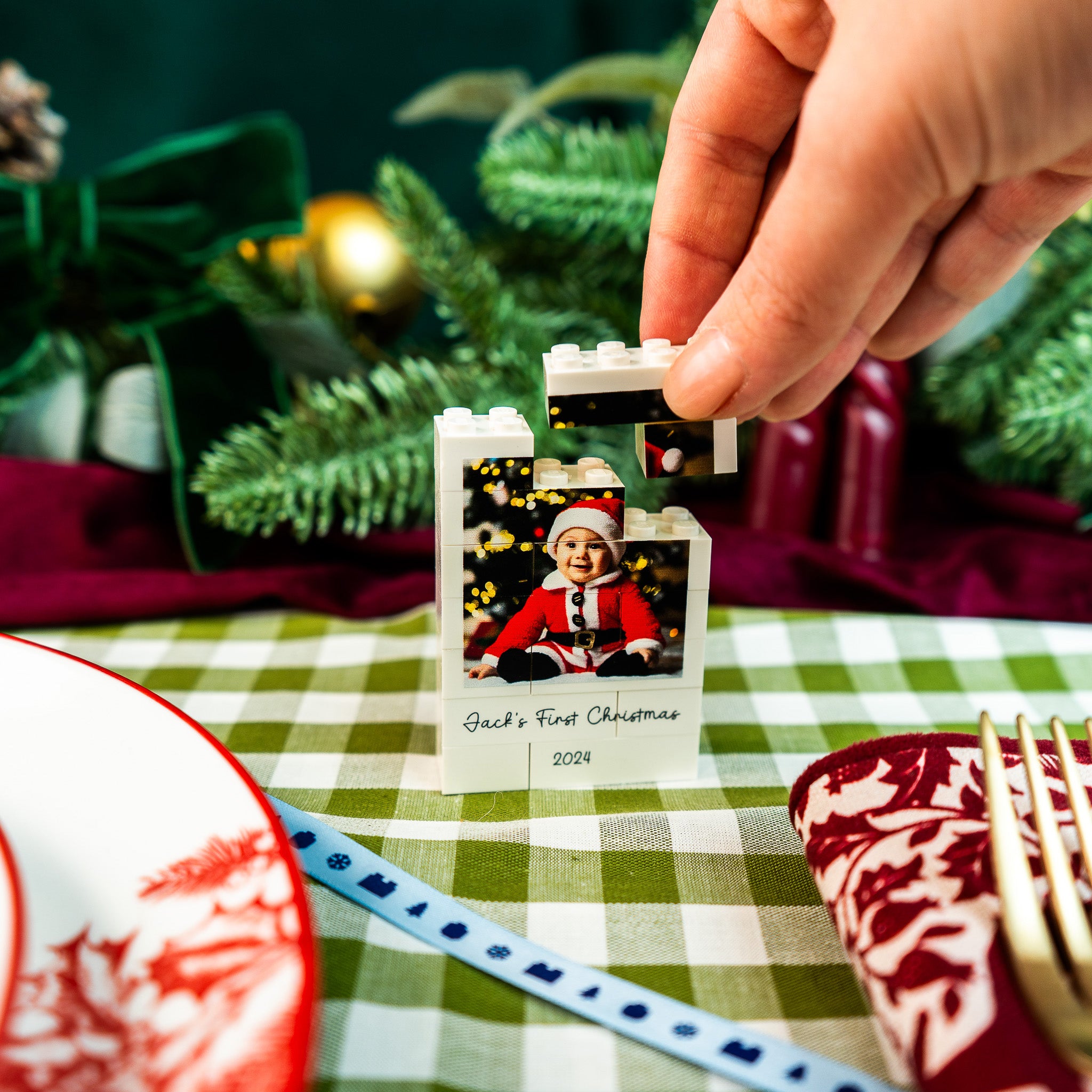 Custom LEGO® Brick mini portrait photo block – compact personalised gift for desk, shelf, or bedside table