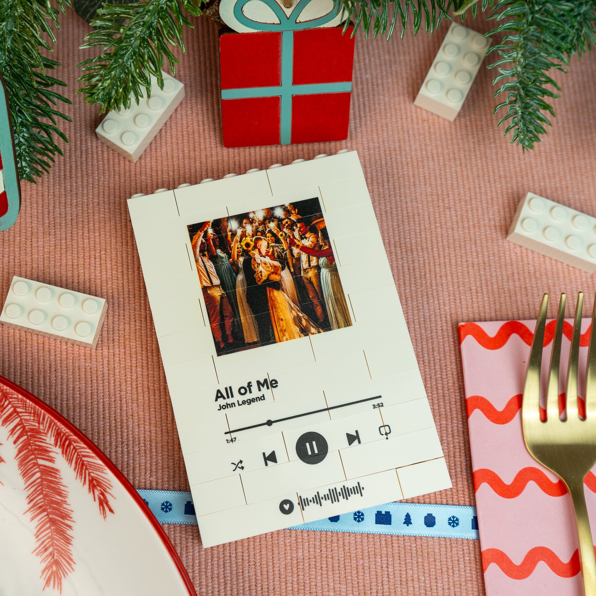 Custom LEGO® Brick photo block with scannable song code – perfect for anniversaries, weddings, or birthdays