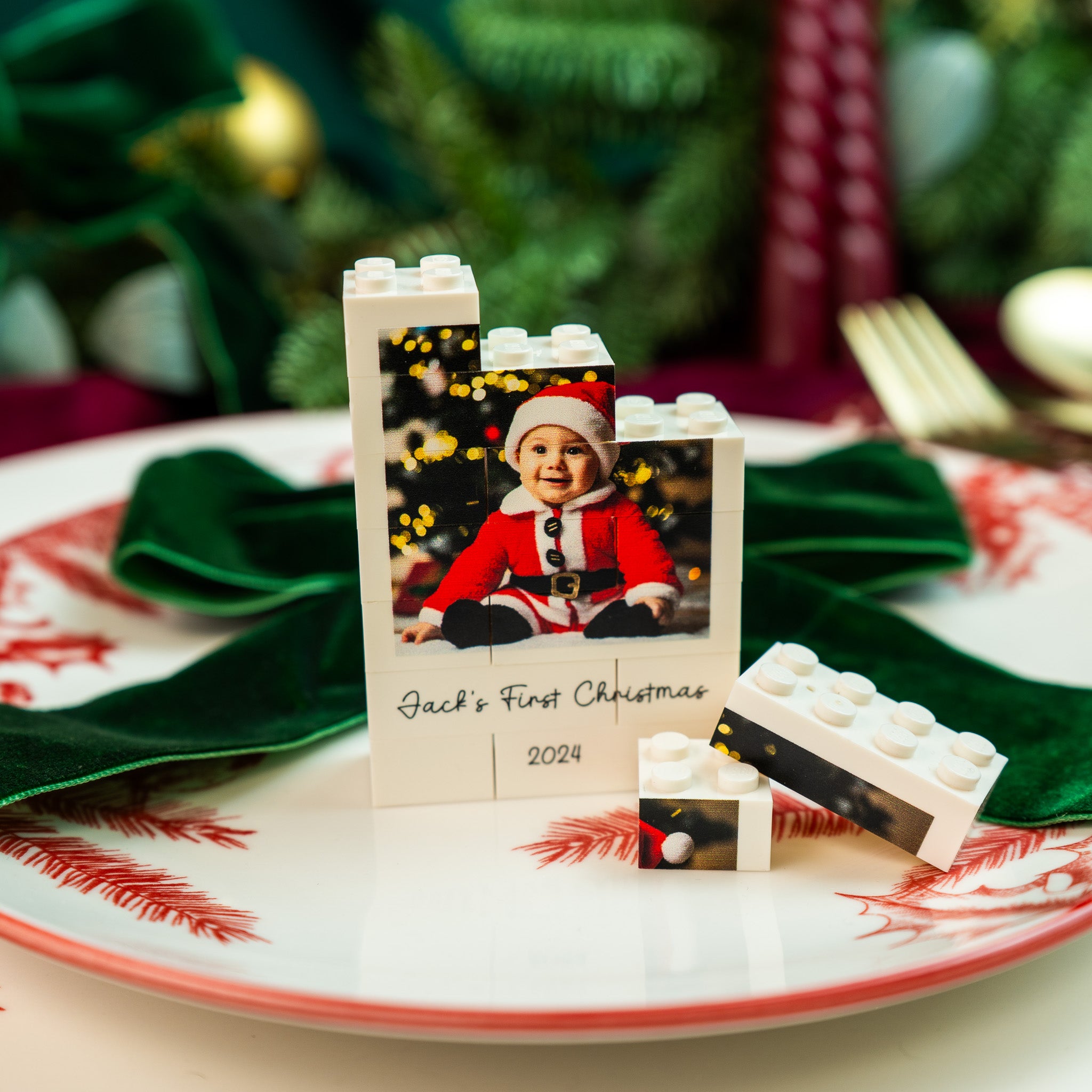Custom LEGO® Brick Polaroid Christmas photo bauble – single or double-sided printing for personalised holiday décor
