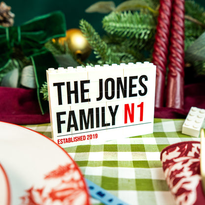 Custom LEGO® Brick street sign puzzle gift – celebrate a special location with family name and area text in vibrant colours