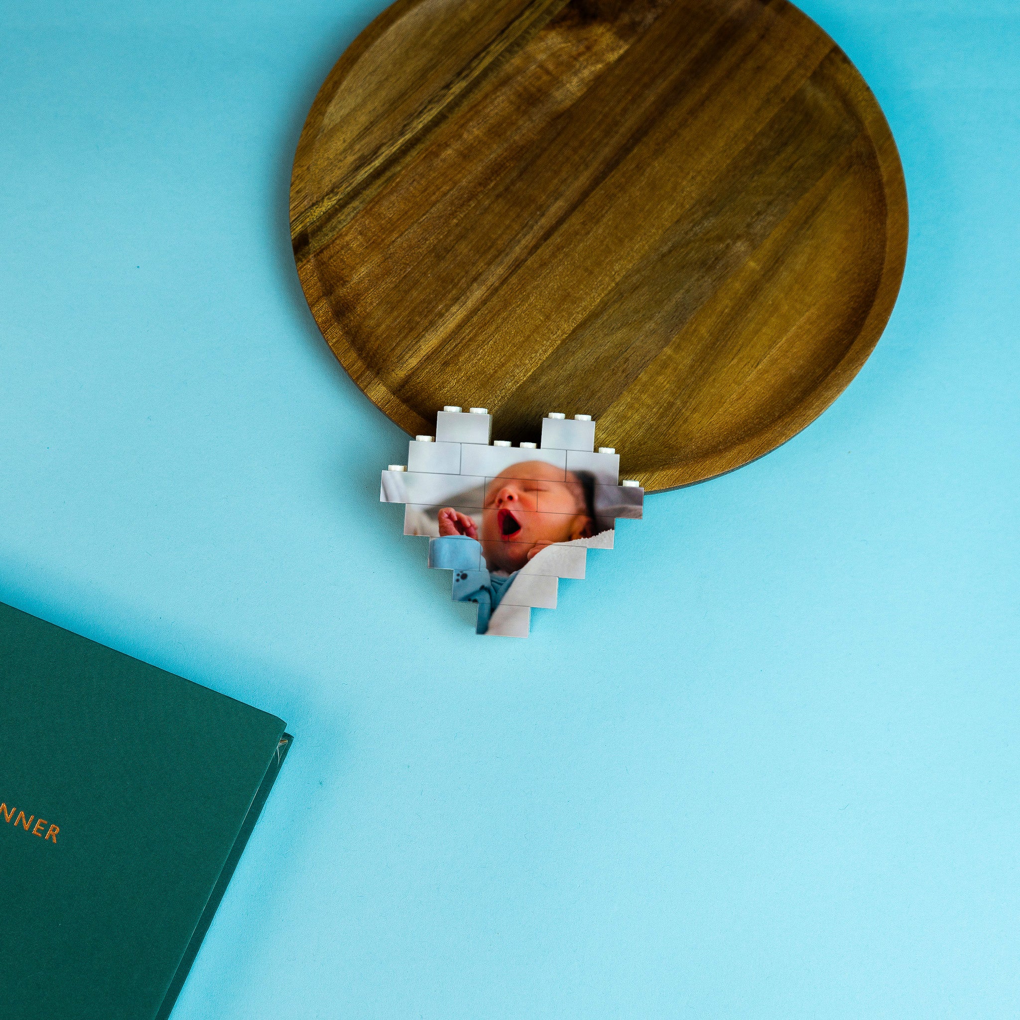 Black and white heart LEGO® brick photo block of a baby – stylish custom photo keepsake for desk, shelf, or home décor