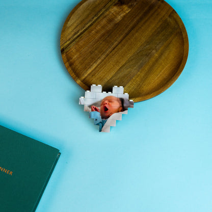 Black and white heart LEGO® brick photo block of a baby – stylish custom photo keepsake for desk, shelf, or home décor