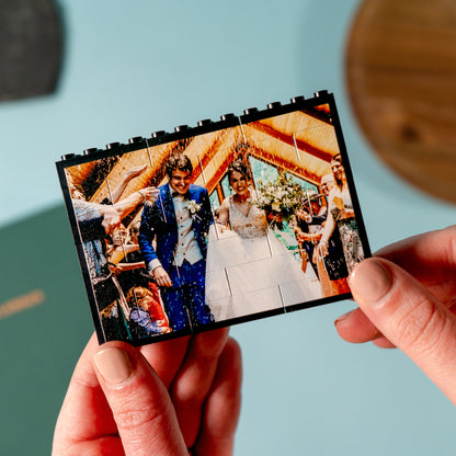 Landscape LEGO® brick photo block with panoramic wedding photo – stylish custom display for home or office décor