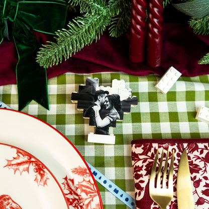 Black and white LEGO® Brick heart-shaped photo bauble – stylish personalised gift for first Christmas together or Secret Santa