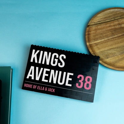 Black and white LEGO® Brick street sign block – stylish personalised gift for first homes, weddings, or family milestones