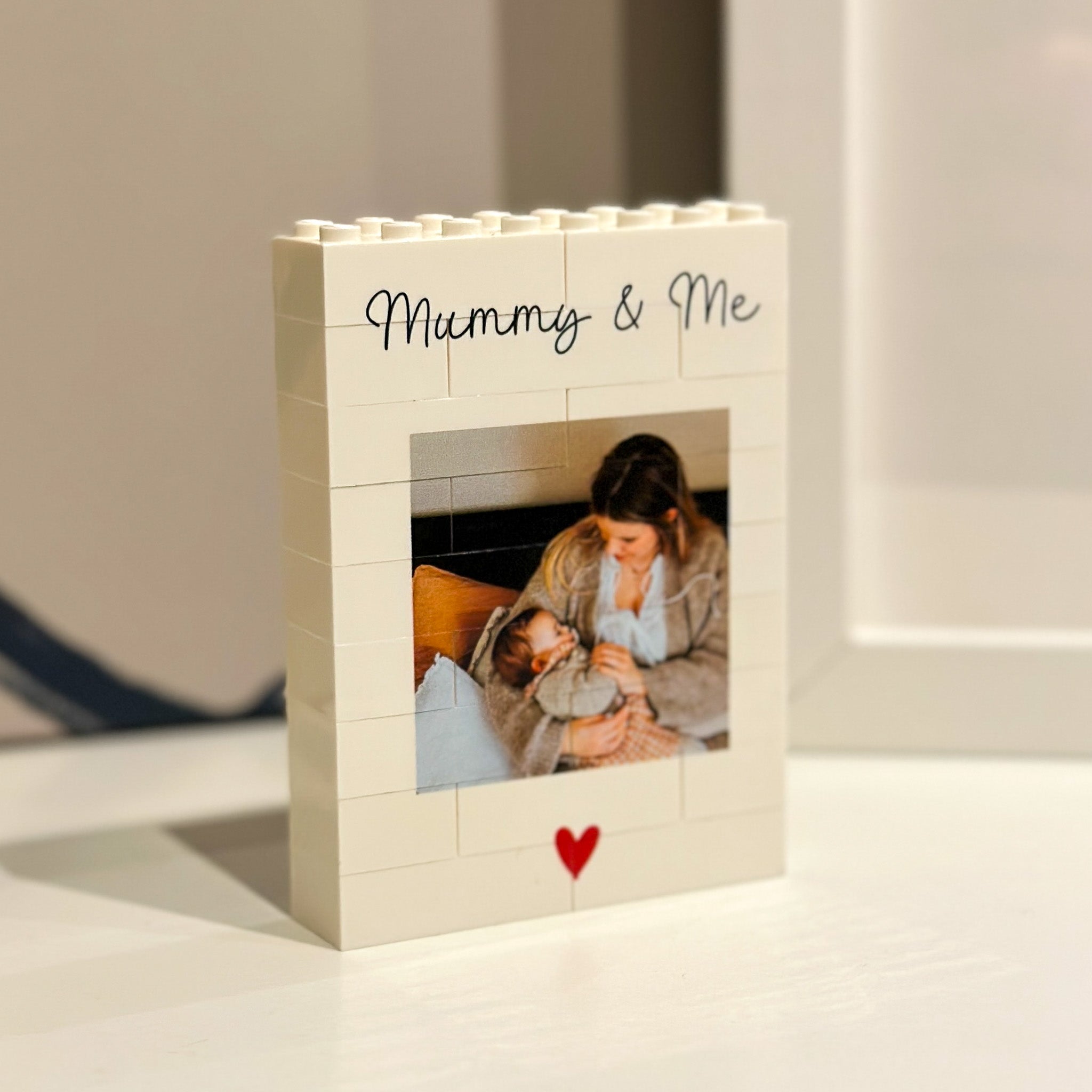 Mothers Day personalised LEGO® Brick ‘Mummy & Me’ block – display cherished memories on desk, shelf, or bedside