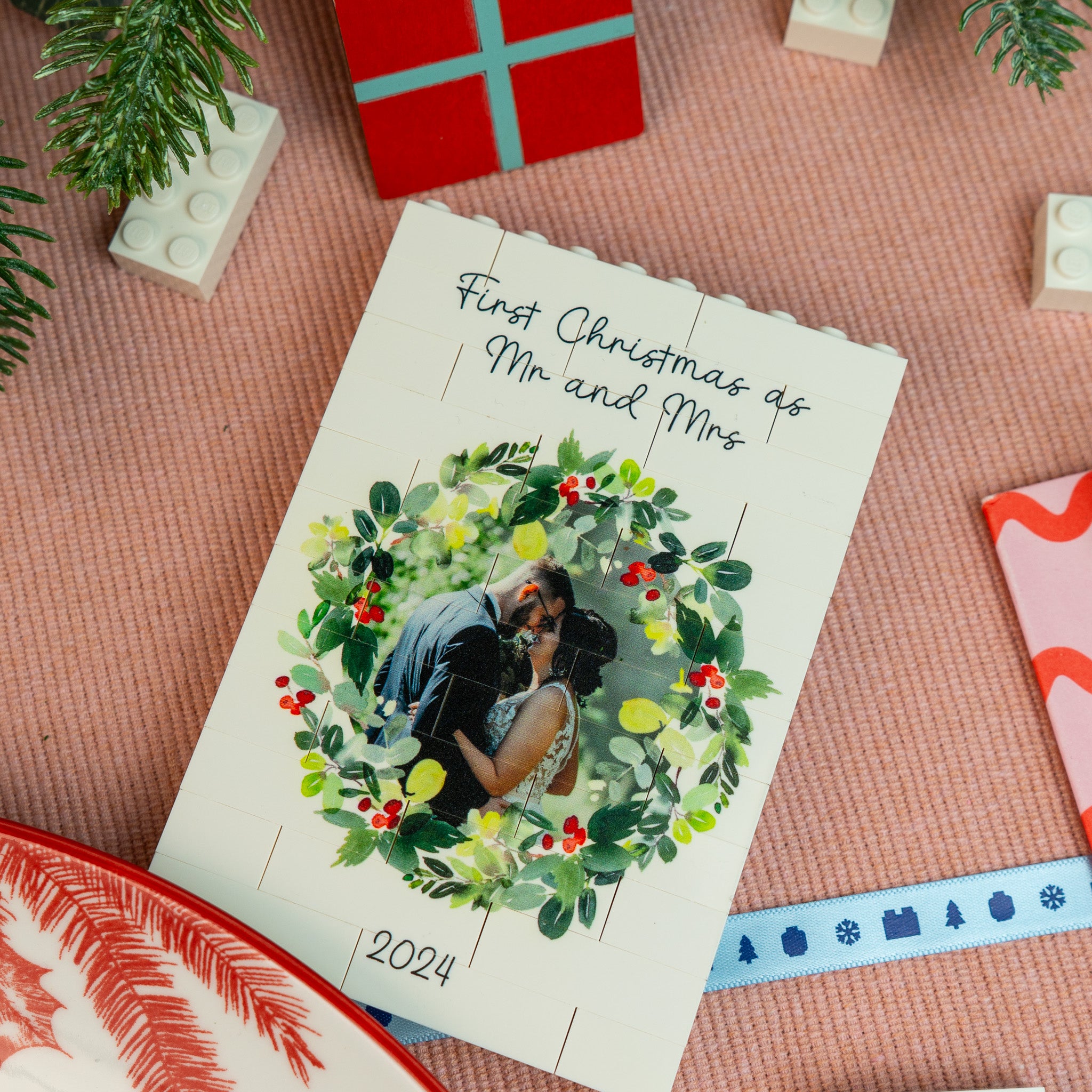 Personalised LEGO® brick block featuring festive watercolour wreath