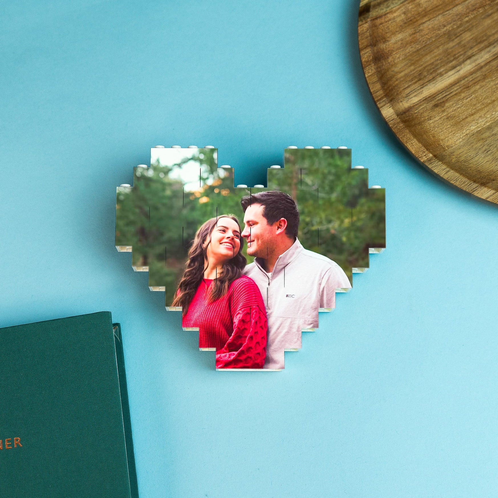 Personalised heart-shaped LEGO® brick photo block with custom image and message – unique keepsake gift for anniversaries or Valentine’s Day