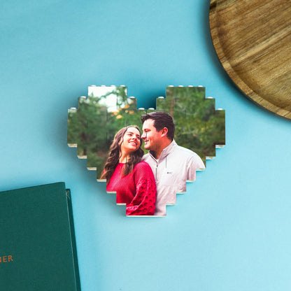 Personalised heart-shaped LEGO® brick photo block with custom image and message – unique keepsake gift for anniversaries or Valentine’s Day