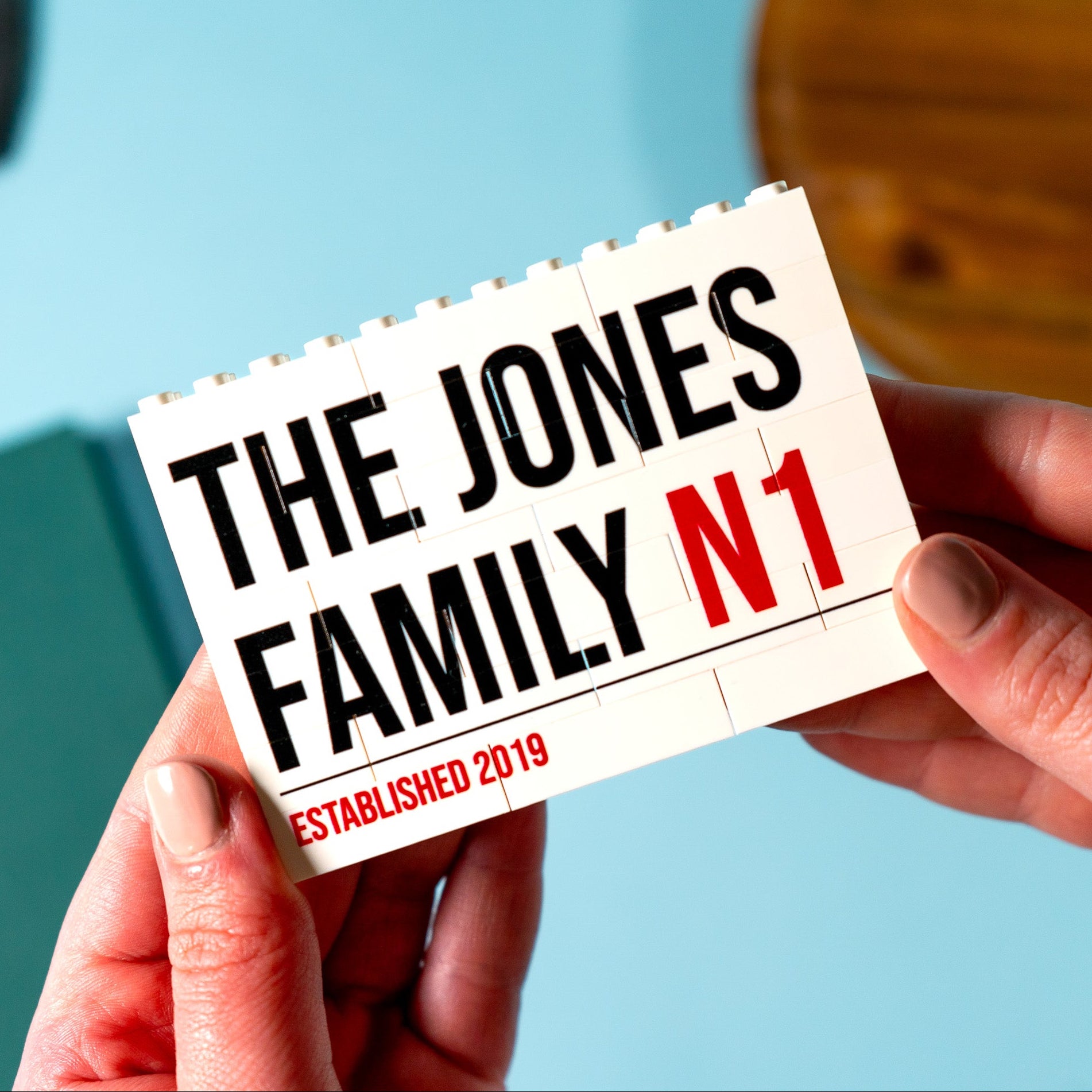 Personalised LEGO® Brick street sign block with family name and postcode – unique keepsake gift for housewarmings or anniversaries