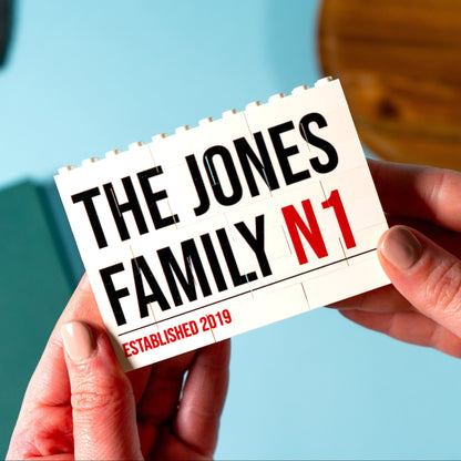 Personalised LEGO® Brick street sign block with family name and postcode – unique keepsake gift for housewarmings or anniversaries