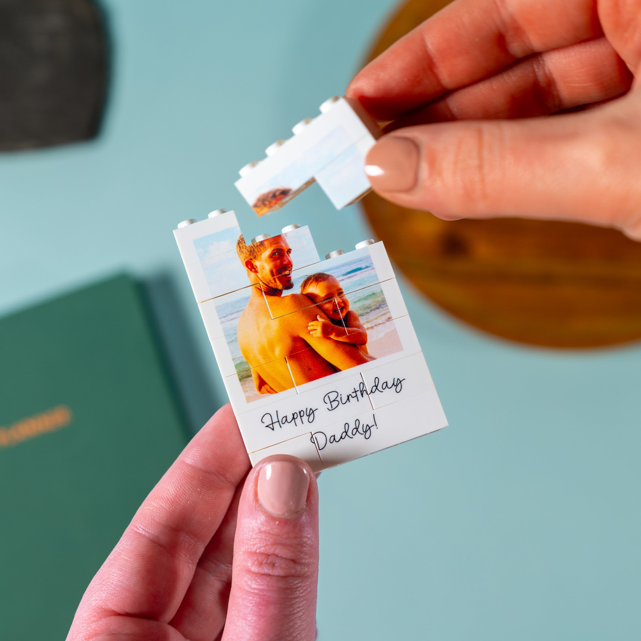 Personalised mini portrait LEGO® Brick photo block with custom text – unique keepsake gift for dad birthdays, anniversaries, or special occasions