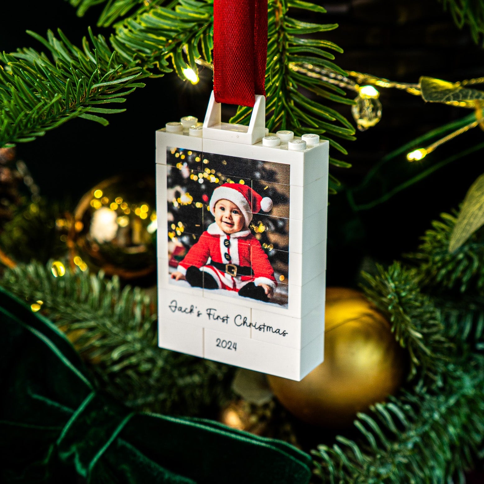 Personalised Polaroid-style LEGO® Brick Christmas bauble with custom photo and message – festive keepsake for family or friends