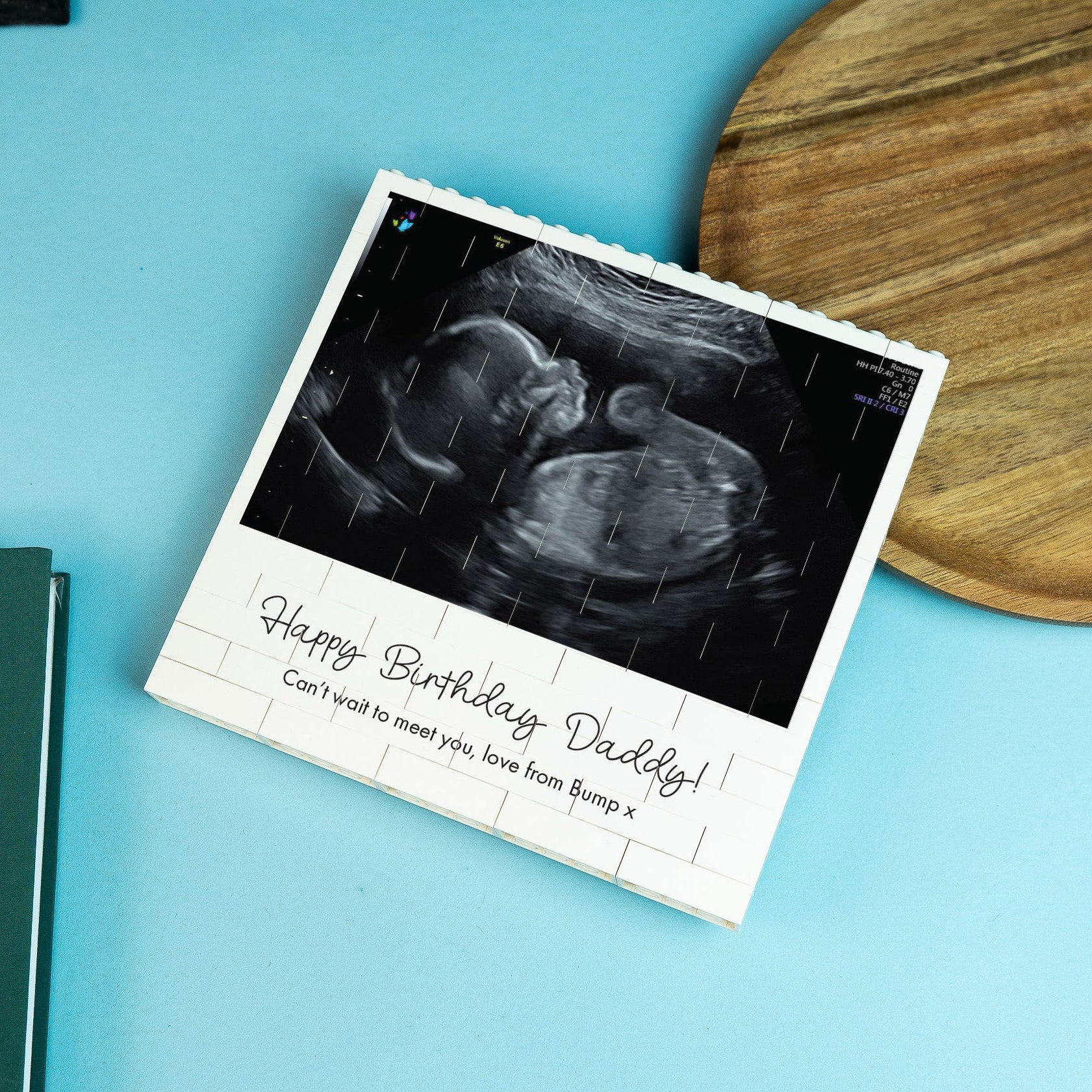 Personalised Polaroid-style LEGO® Brick photo block with baby scan and text – unique keepsake gift for daddy's birthdays or anniversaries