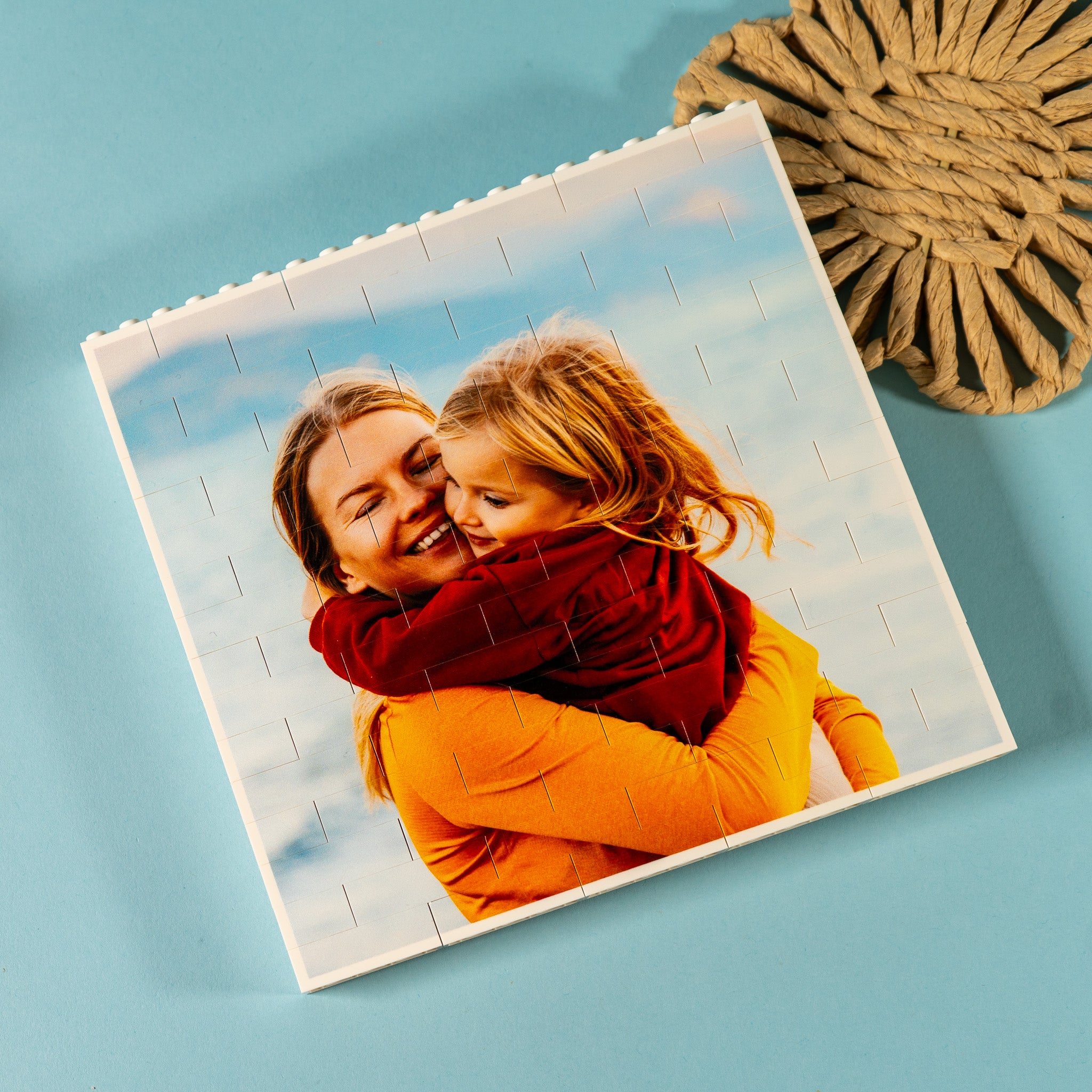 Personalised square LEGO® brick photo block with custom image and message – unique keepsake gift for mothers day, birthdays or anniversaries