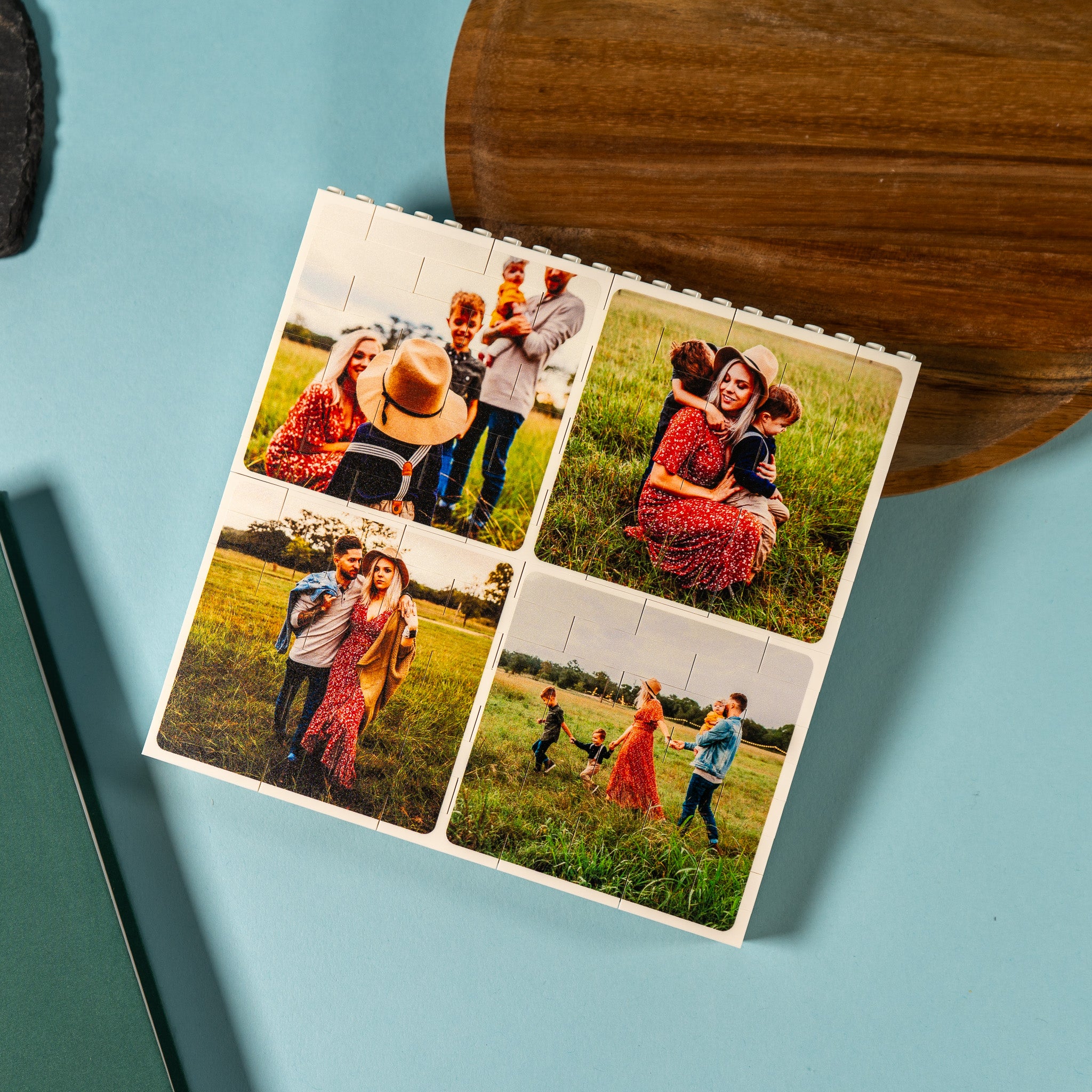 Personalised square LEGO® Brick photo block with multiple photos and optional message – unique keepsake gift for birthdays or anniversaries