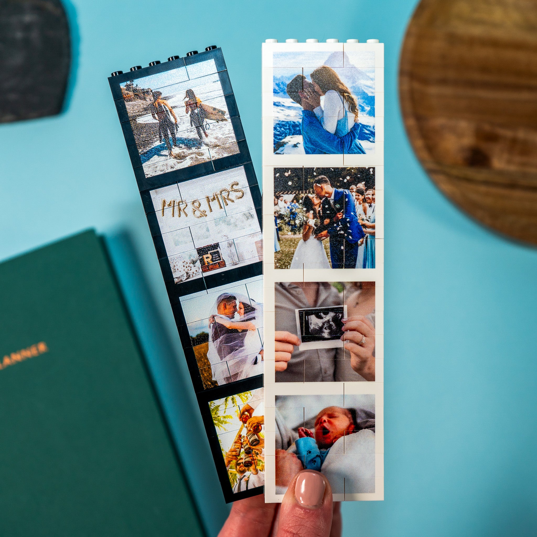 Black or white LEGO® Brick photobooth-style photo block – stylish custom multi-photo keepsake for desk, shelf, or bedside table