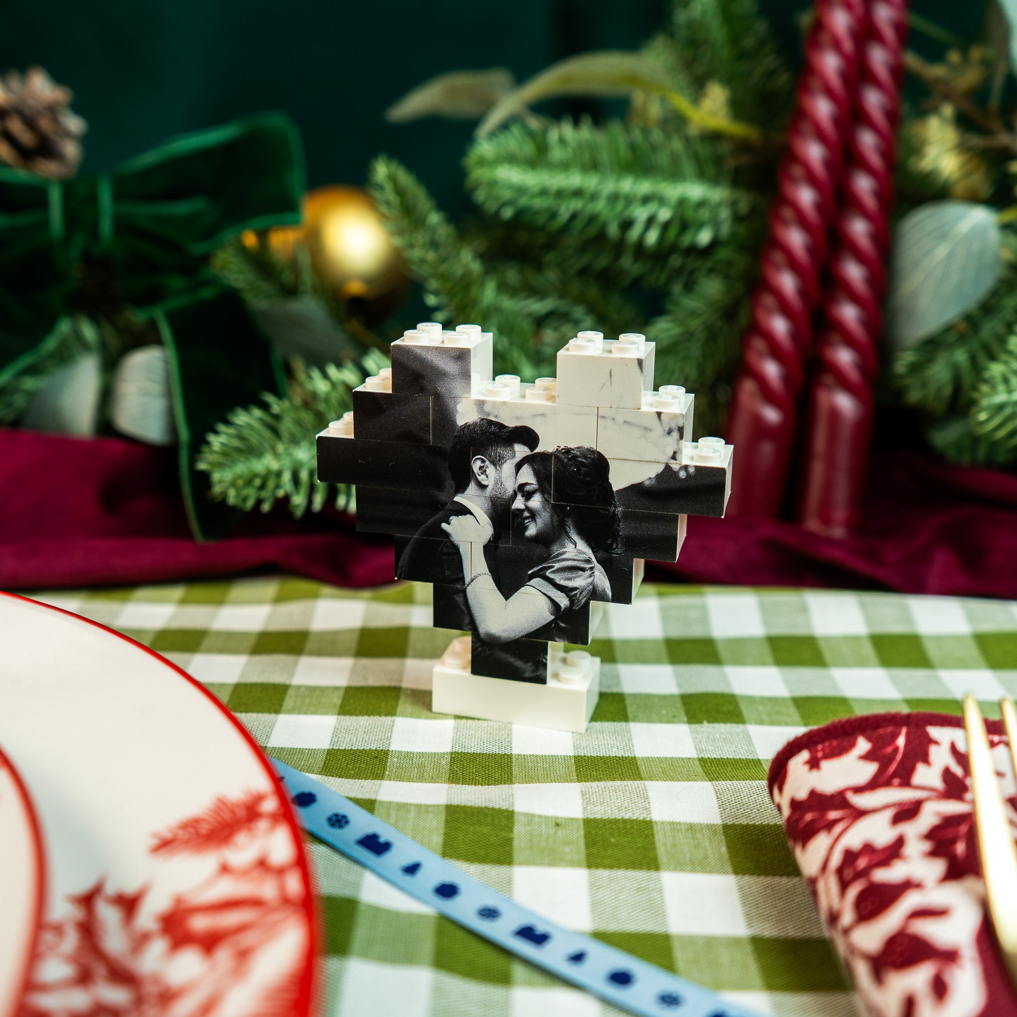 Heart LEGO® Brick Christmas table decoration with optional second photo – playful personalised festive keepsake