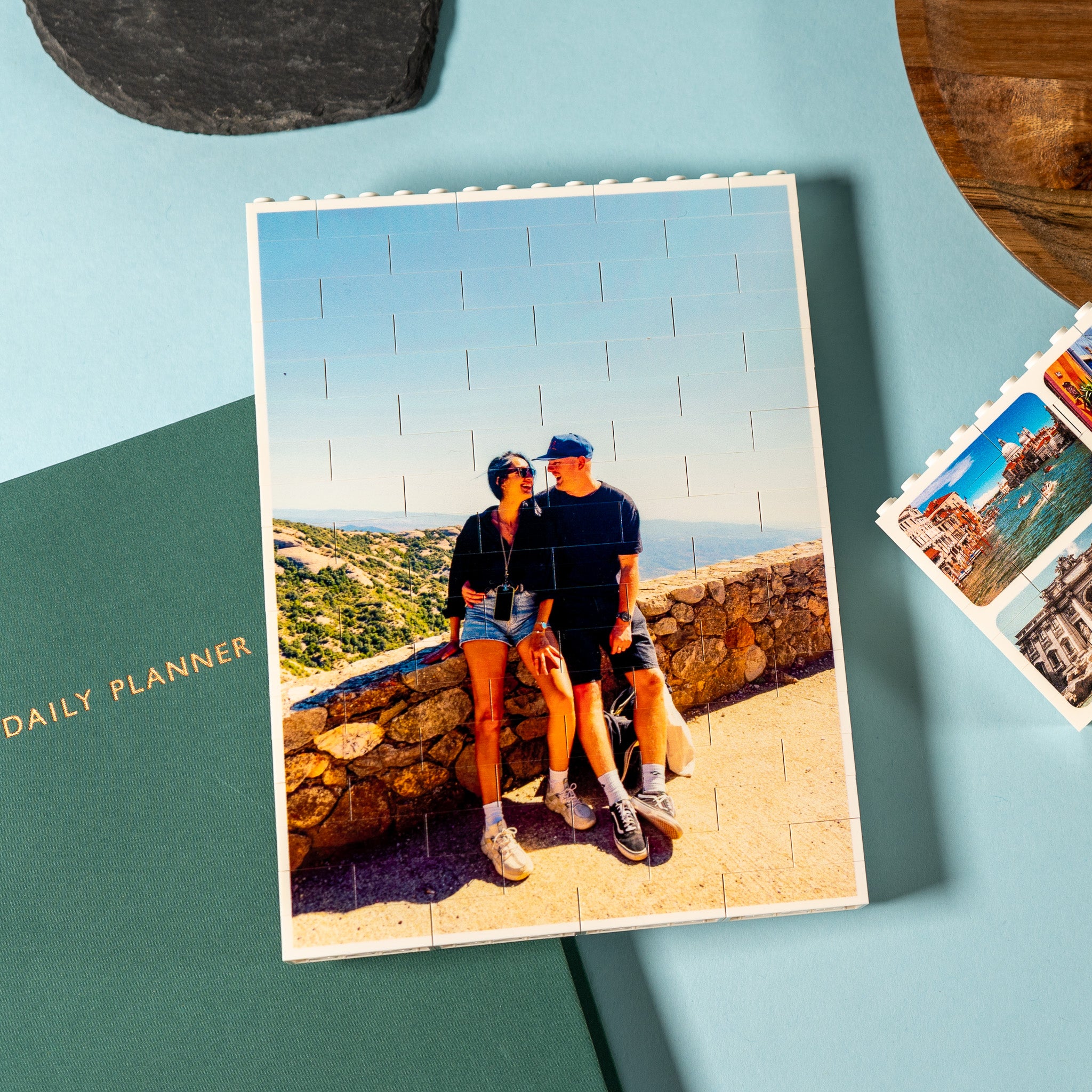 Double-sided personalised LEGO® brick photo block of couple on holiday – creative puzzle-style gift for LEGO® fans