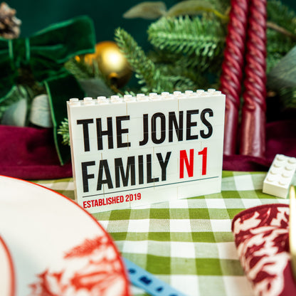 LEGO® Brick street sign bauble with optional festive colours – stylish personalised Christmas gift for families or couples