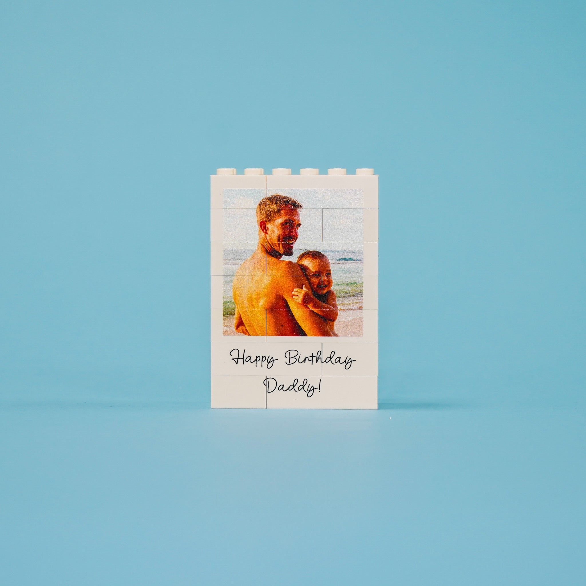 Mini portrait LEGO® Brick photo block with optional double-sided text – creative personalised keepsake for loved ones